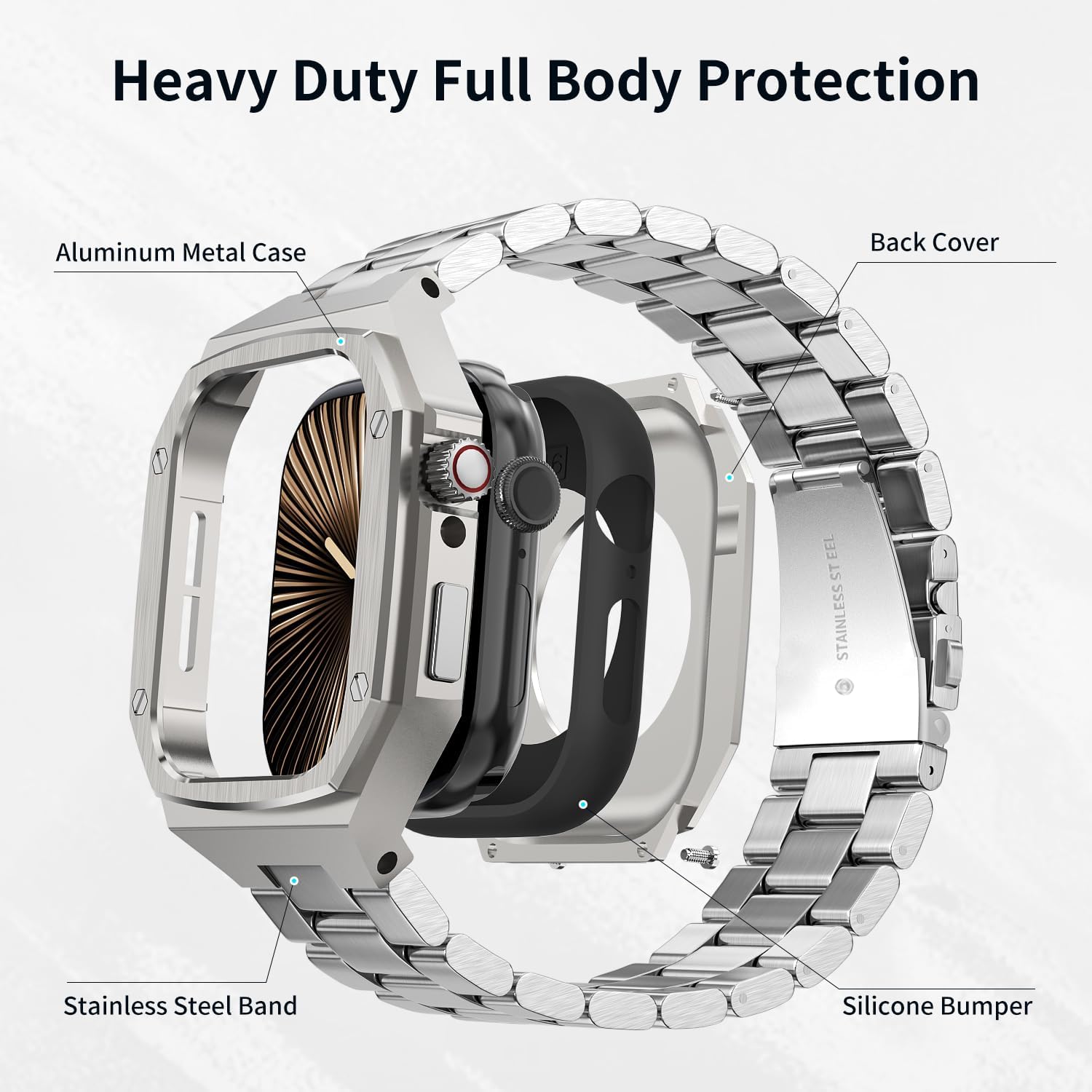 Luxury Aluminum Case with Stainless Steel Band for Apple Watch Series 11/10 46mm, Rugged Military Protective Metal Cover Heavy Duty Tactical Protection for Men iWatch S10, Titanium - Image 2
