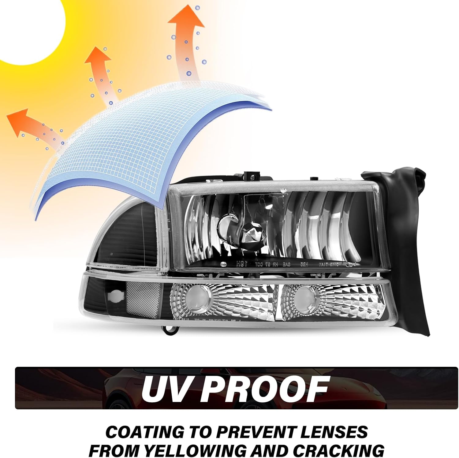 Bingbingmotor Headlight Assembly Replacement for 1997-2004 Dodge Dakota / 1998-2003 Dodge Durango Driver and Passenger Side Black Housing Clear Reflector