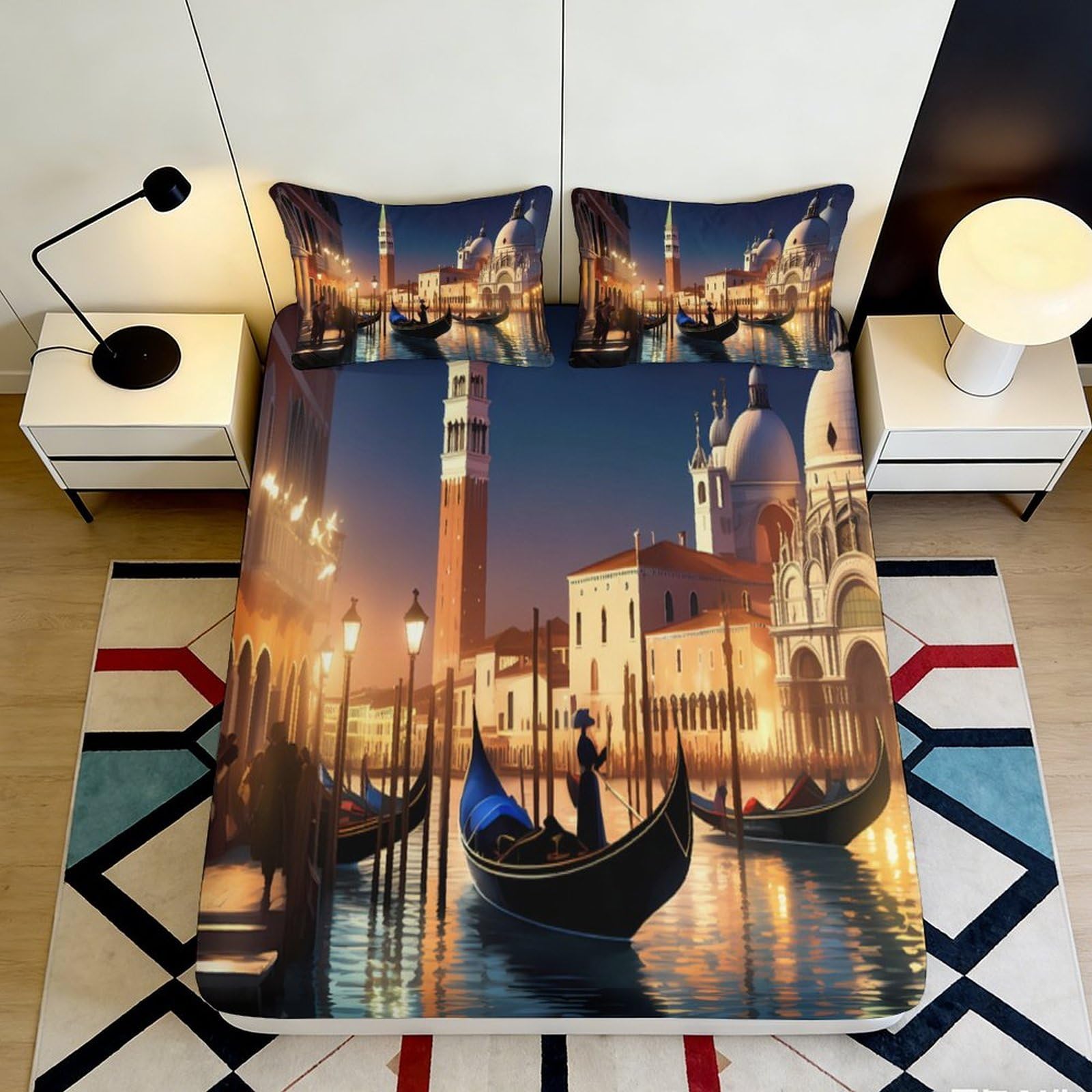 3D Printed Venice Night Fitted Sheet Microfiber Soft Waterproof Gondola Bed Sheet for Bedroom Guest Room Decor 90x200x25cm