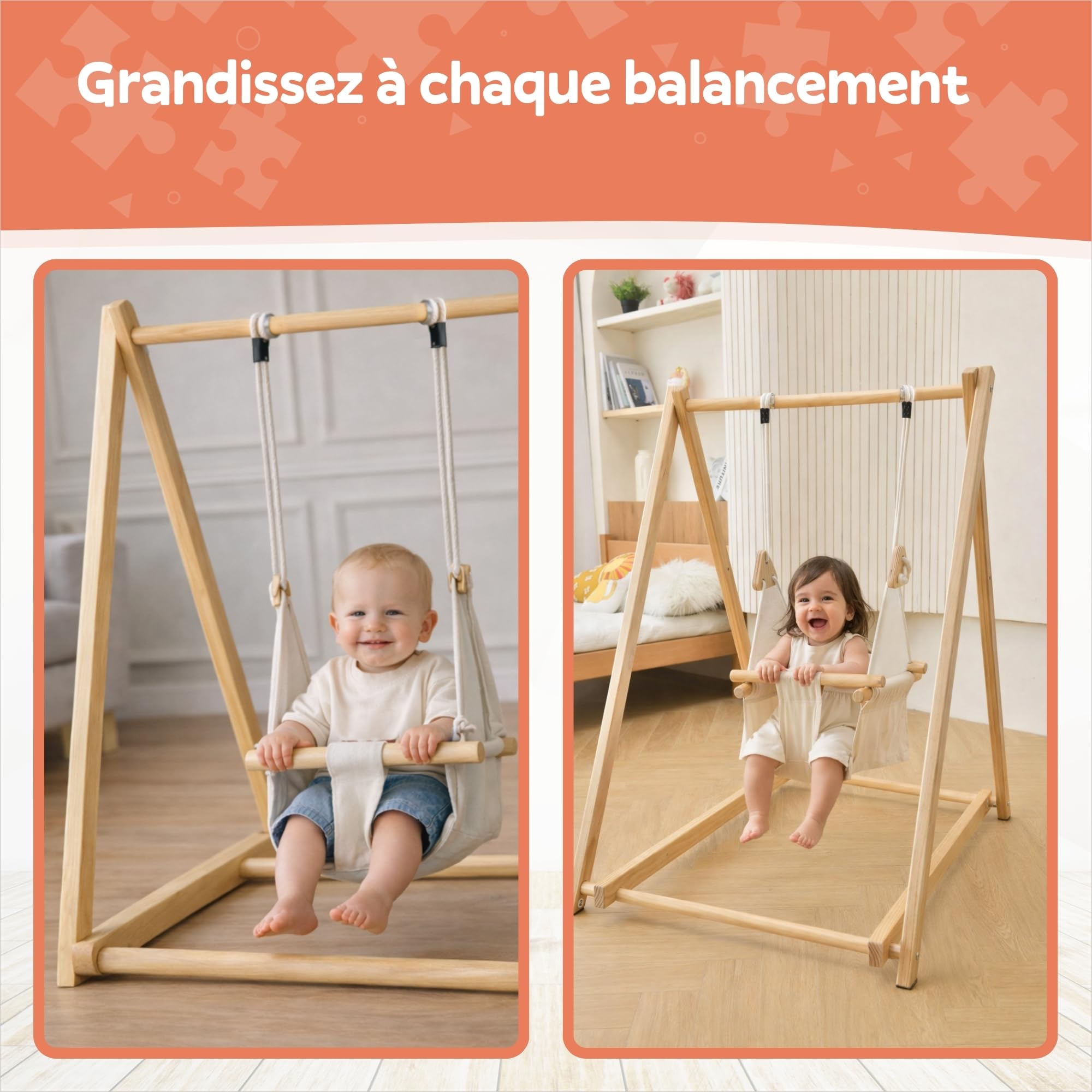 Balançoire en Bois pour bébé avec siège à Bascule Pliable, balancelle évolutive et Chaise à Bascule Enfant, Baby Swing en Bois Naturel Stable et sûr, Jouet bébé pour intérieur et extérieur sécurisé