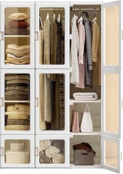 Wardrobe Closet Integrated Folding Storage with Doors Clothes Dresser Hanger Rack Large Capacity Clothing Miscellaneous Dustproof Space Saving High Load Capacity New Life Stylish 8