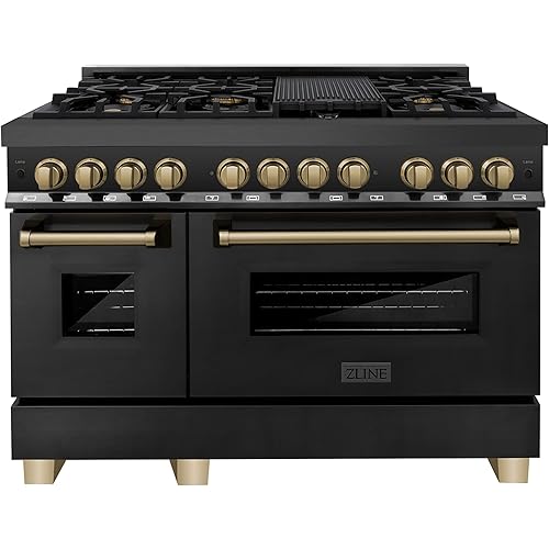 ZLINE Autograph Edition 48 in. 6.0 cu. ft. Legacy Dual Fuel Range with 7 Burner Gas Cooktop and 2 Electric Ovens in Black Stainless Steel and Champagne Bronze Accents (RABZ-48-CB)