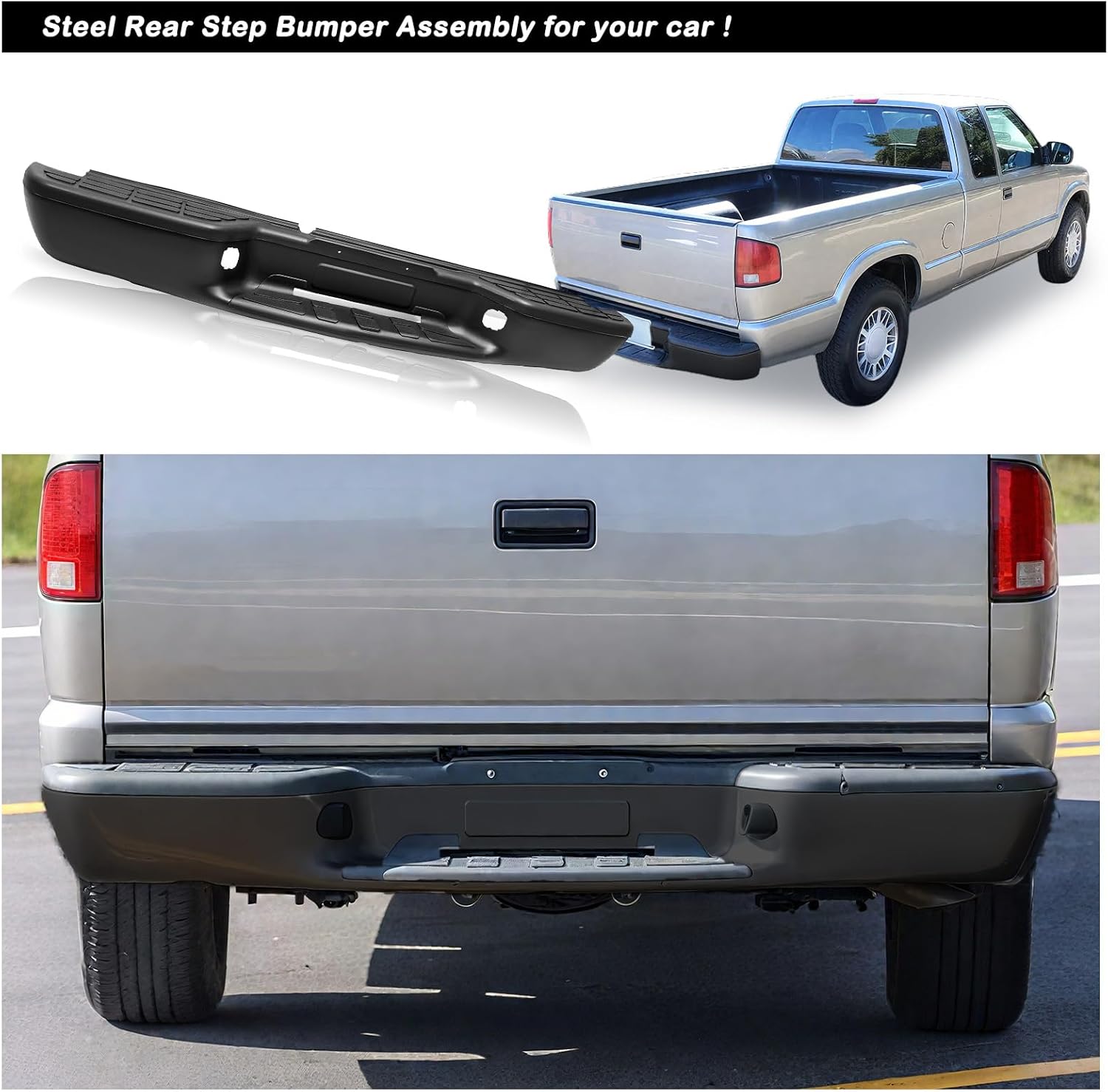 JSBOYAT Black Rear Bumper Assembly Compatible with 1998-2004 Chevy S10 / GMC Sonoma Fleetside Models Complete Back Bumper GM1101103