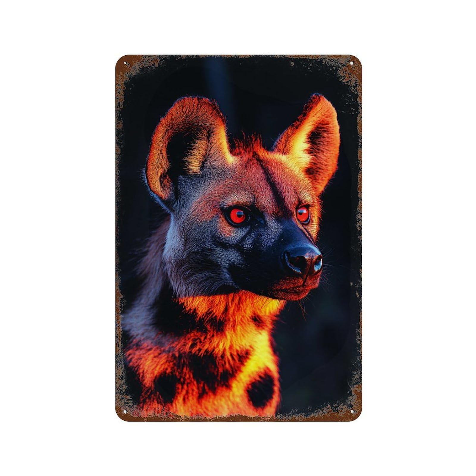 Hyena Portrait with Red Eyes 11.8"x7.9" Vintage Rust Metal Sign, Decorative Metal Wall Art for Bistro, Counter And Cafe Decor