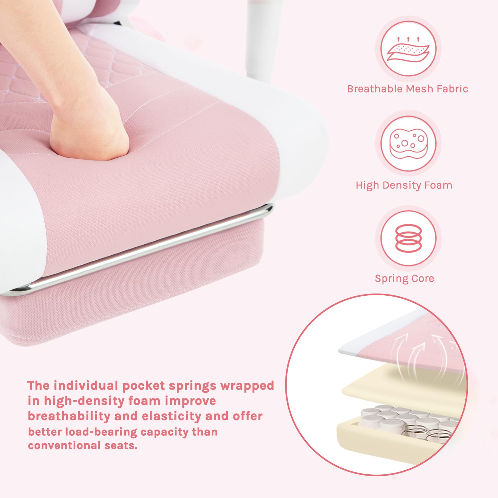 WOLTU Silla Gaming con Masajeador, Silla Ergonómica Escritorio, con Reposacabezas y Soporte Lumbar, Asiento Ancho, 150 kg, Tela de Malla, Rosa+Blanco