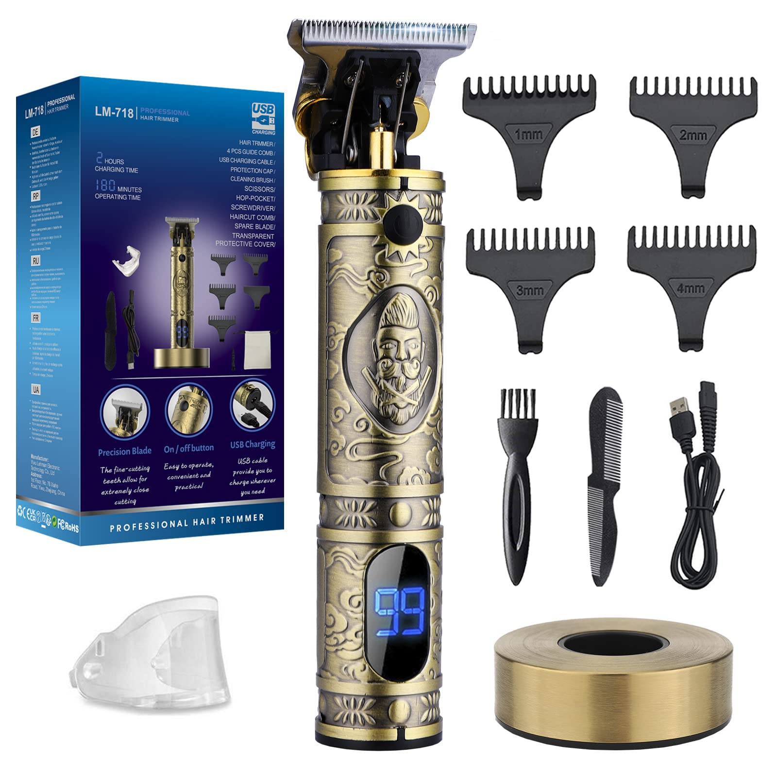 GSKY Hair Clippers Men,Professional Cordless Beard Trimmer, Zero Gap Precision T-Blade Contour Trimmer Rechargeable Hair Clipper Kit with Charging Base & LCD Display(Bronze)