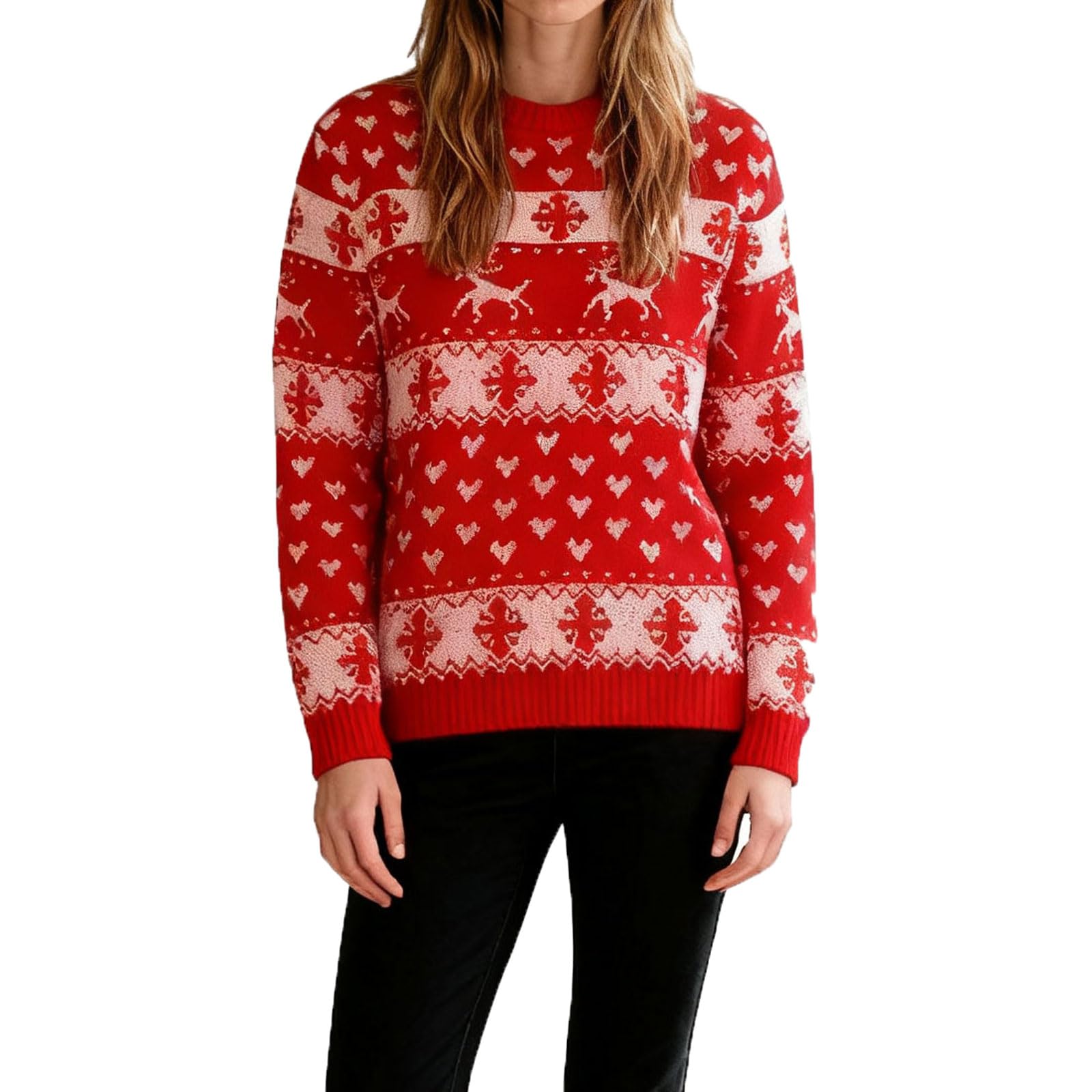 Womens Ugly Christmas Sweater Red Reindeer Snowflake Heart Pattern Knitted Pullover Festive Holiday Party Sweater for Xmas