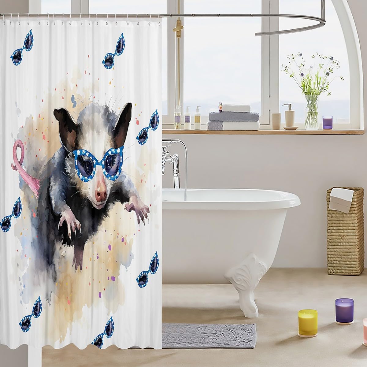 jejeloiu Opossum Shower Curtain for Kids Boys Girls Cute Possum Bathroom Shower Curtain Set 72"x78" Possums Gifts Bath Curtain Bathroom Possum Stuffed Animal Floral Decor Bathroom Accessories