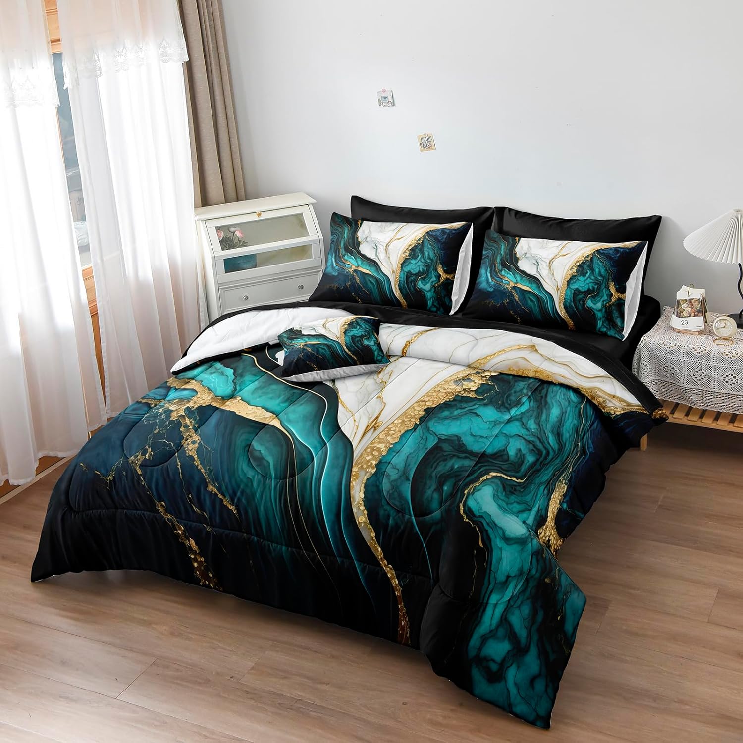 Herside Blue and Gold Marble Comforter Set 8 Pieces,King Size Bed in a Bag Set,Abstract Texture Modern Bedding Set,Soft Microfiber Lightweight Comforter Bed Set with Sheets and Pillowcases