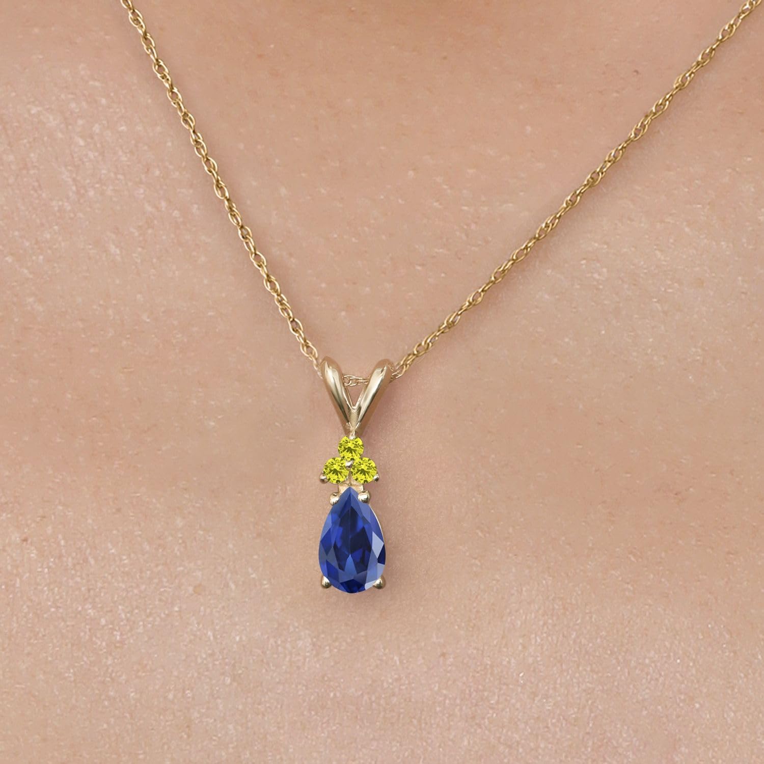 Gem Stone King 14K Yellow Gold Blue Created Sapphire and Canary Diamond Pendant Necklace for Women | 1.08 Cttw | Gemstone September Birthstone | Pear Shape 7X5MM | With 18 Inch Chain - Image 3