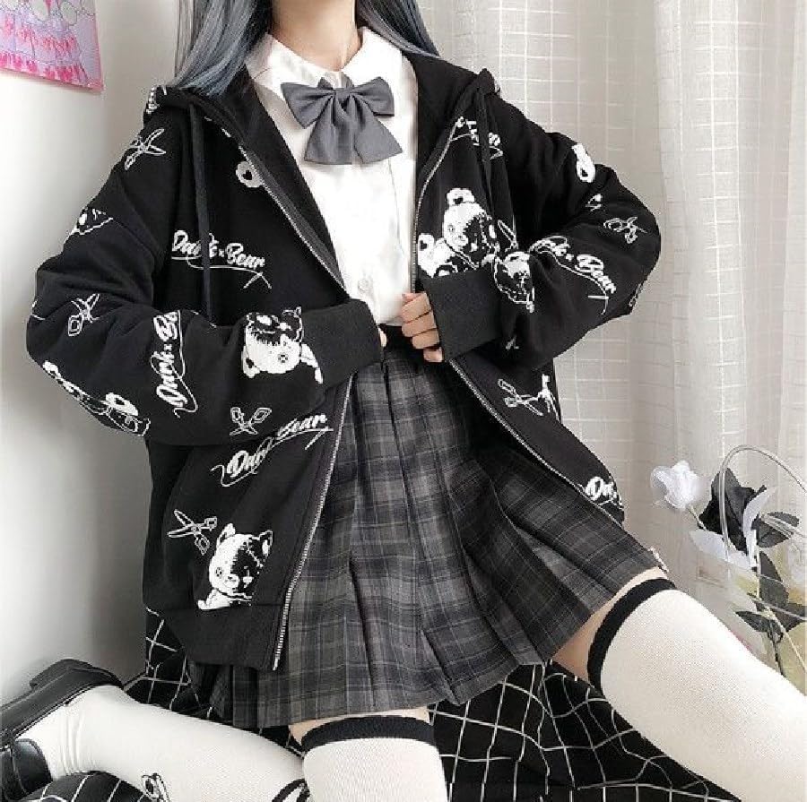 Miniatura 4 de CYee Sudaderas con capucha para mujer, estilo grunge, japonés, con cremallera, ropa urbana, punk, ácubi, manga larga, sin botones, Harajuku,