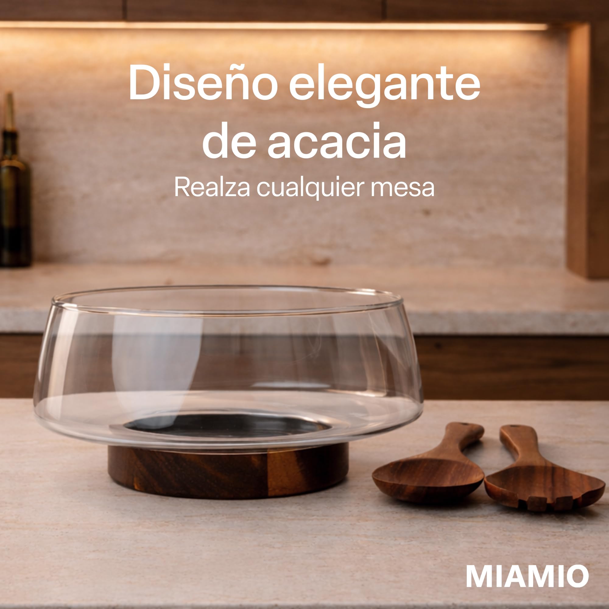 MIAMIO - Ensaladera de cristal/Bol para ensalada, madera de acacia (3,5L) | Ensaladera de cristal con base de madera de acacia, bol para servir / frutero de cristal con utensilios para ensalada