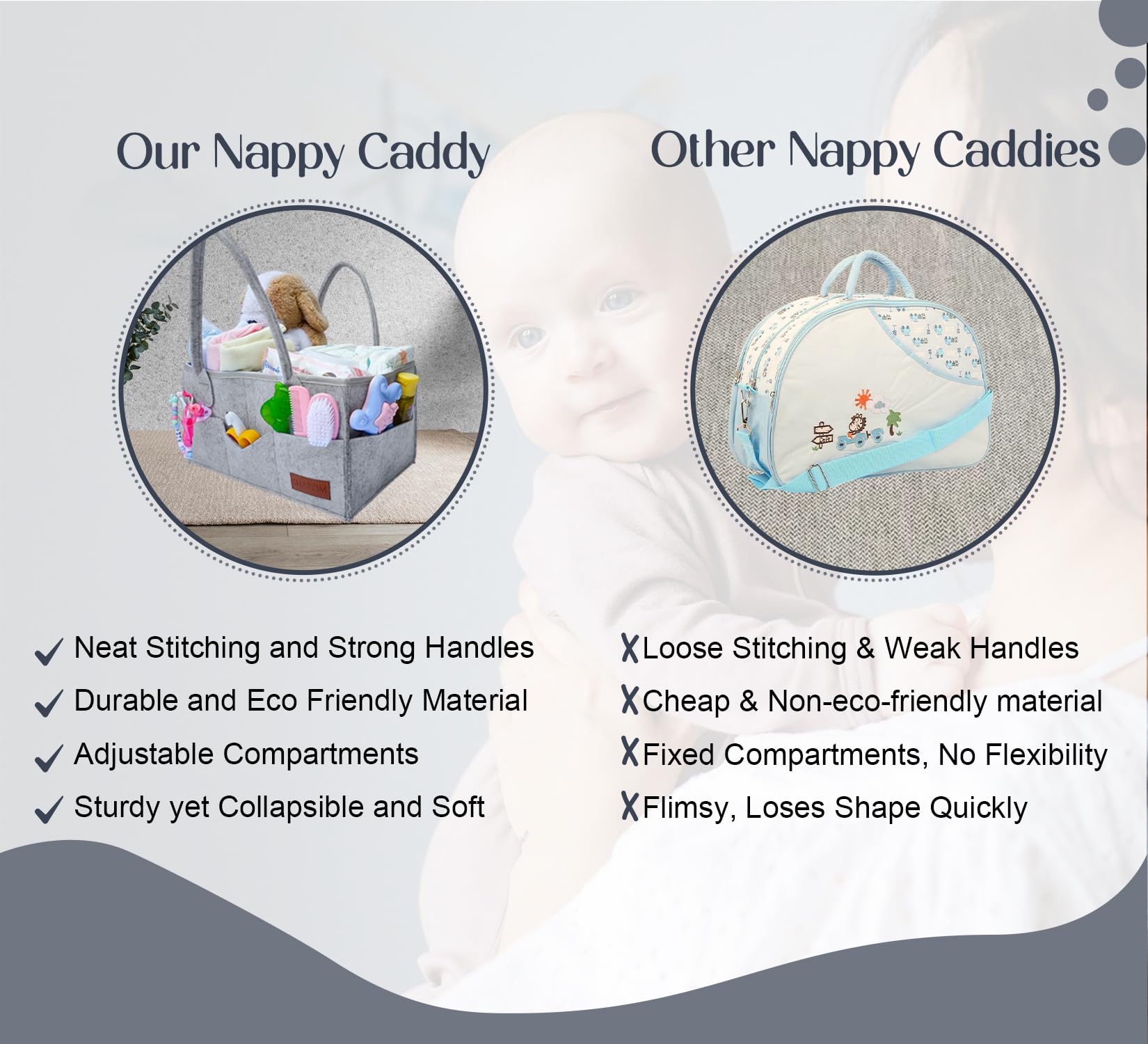SHAROM Nappy Caddy Organiser. Sturdy & Portable Baby Diaper Cady with 3 Big Adjustable Compartments & 8 Big Pockets For Storage. Washable Diaper Caddy for Newborn Essentials,34*22*18 cm (Dark Grey) - Image 4