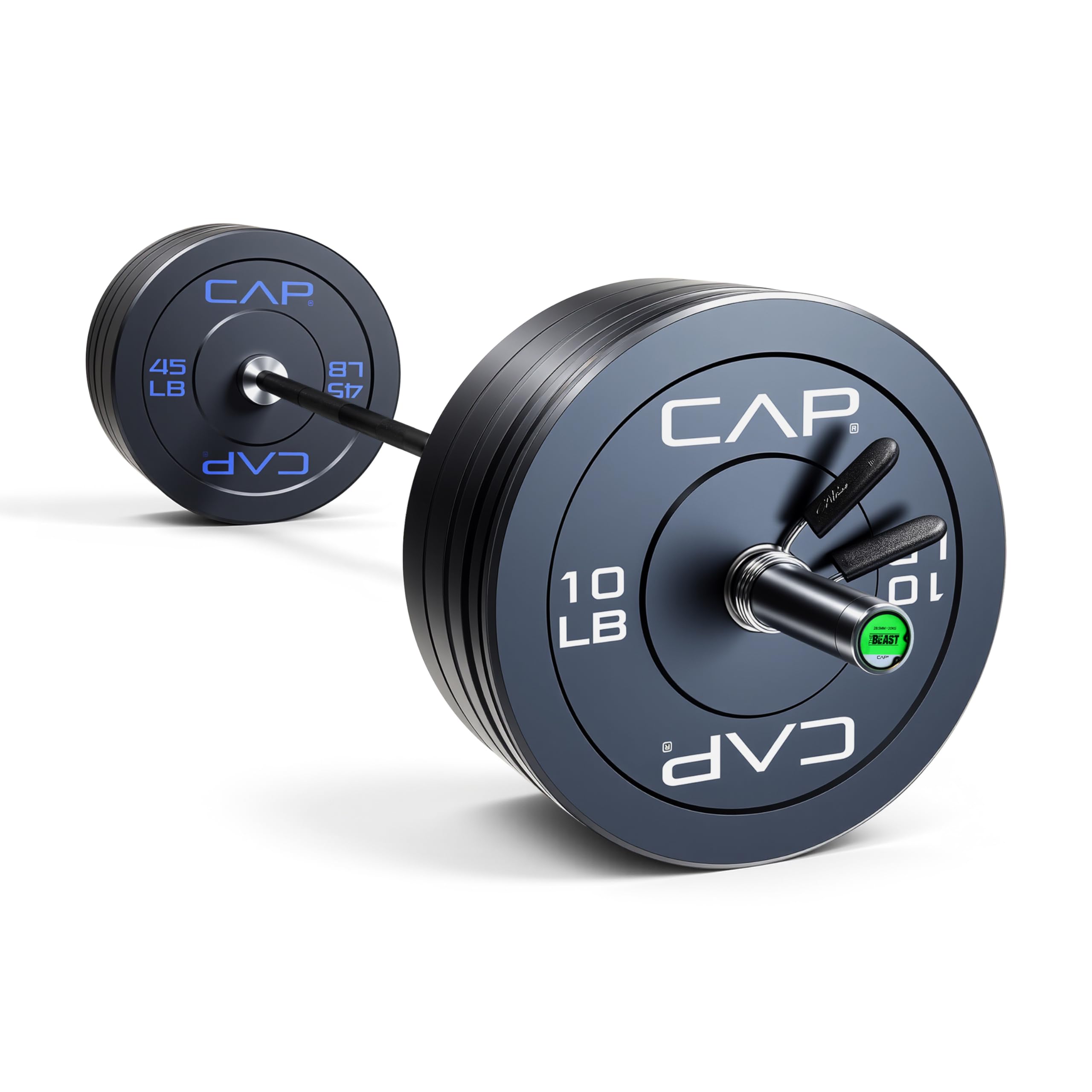 CAP Barbell 260 lb Economy Olympic Weight Set with 7ft Black/Chrome Barbell &amp; Black Bumper Plates with Color Logo