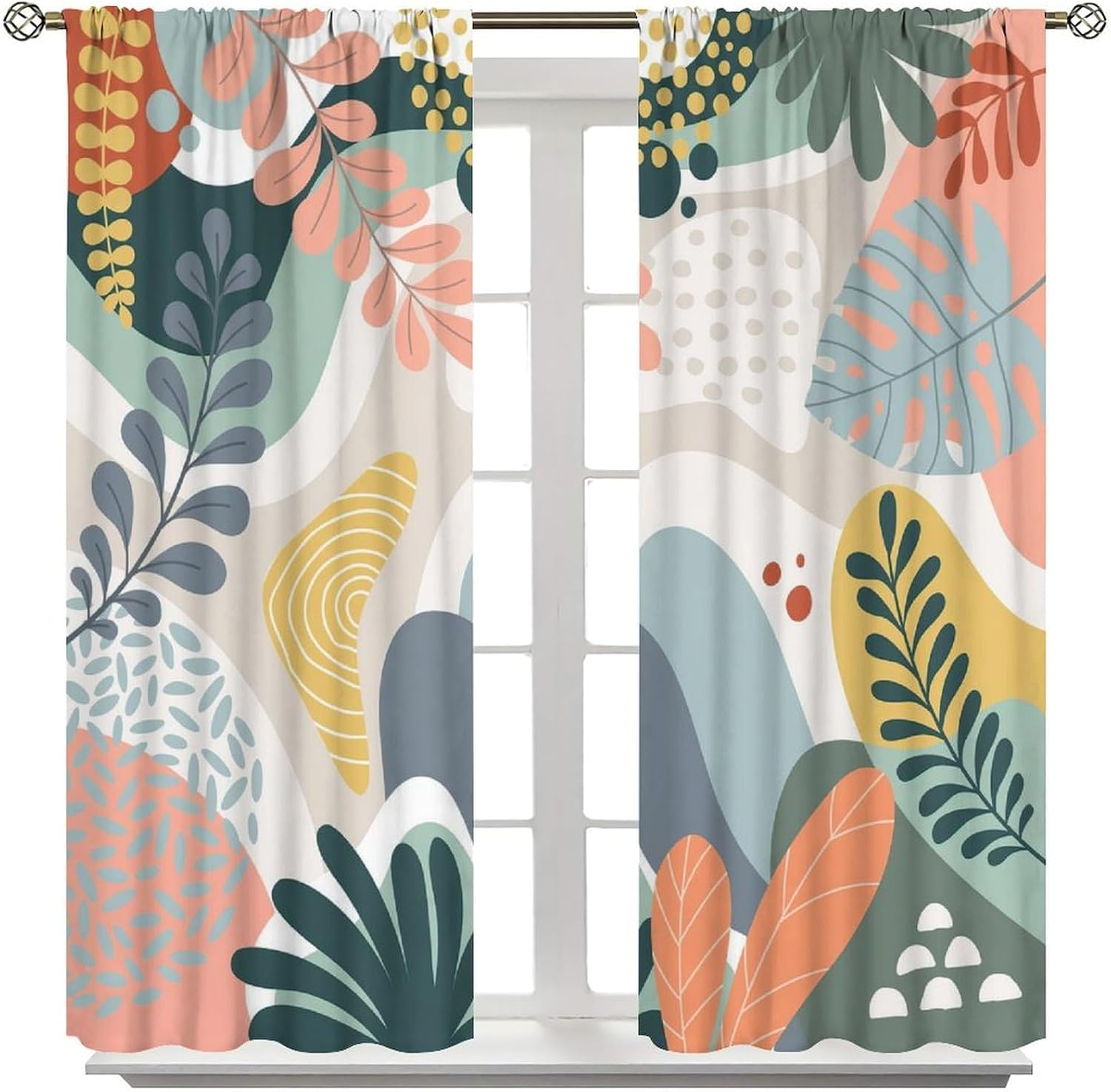 Mid Century Leaves Curtains, Abstract Leaf Modern Boho Plants Print Window Drapes, for Living Room Bedroom 42" W X 45" L (Decorative)