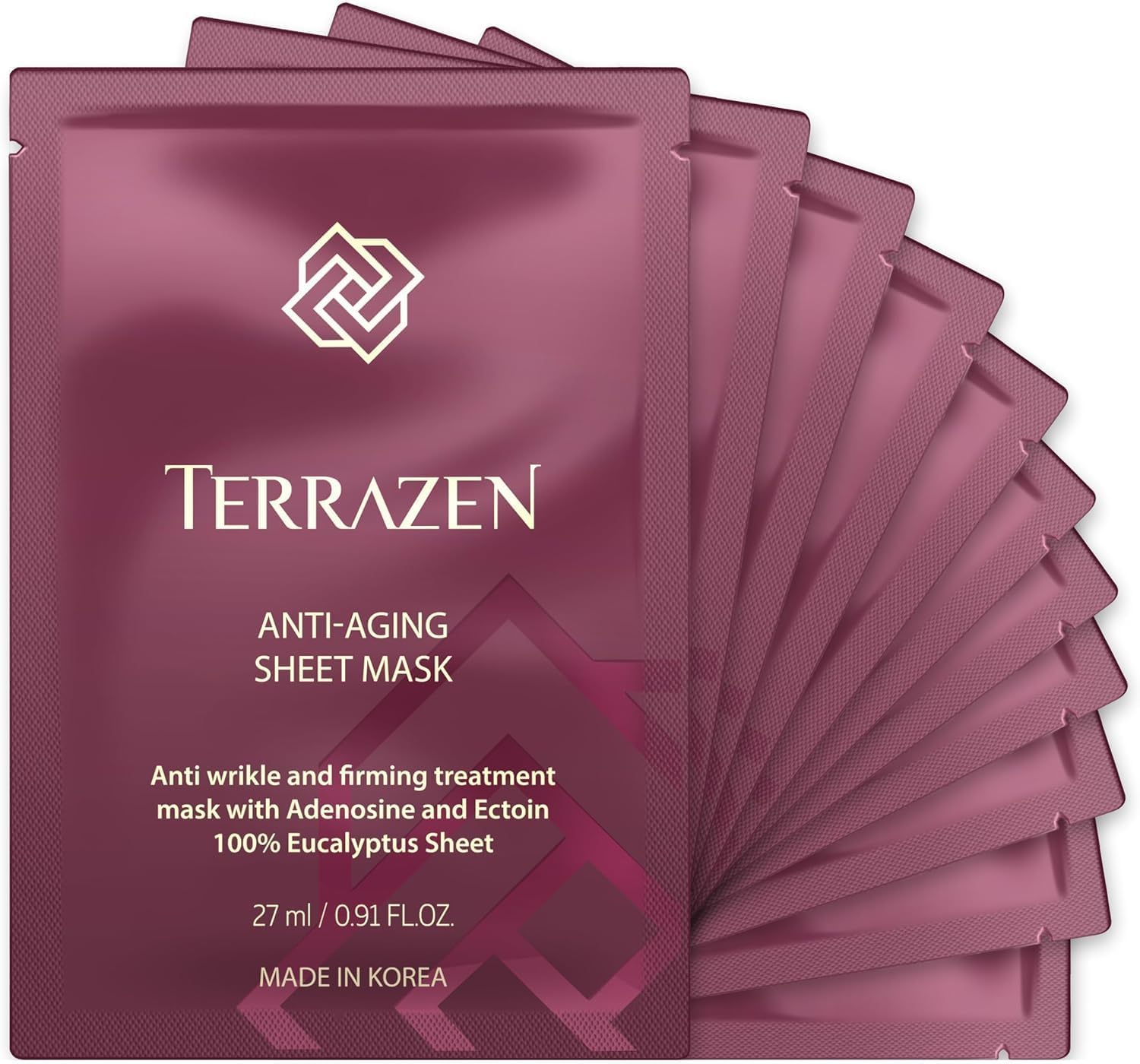 Terrazen Korean Face Sheet Mask Skincare - Anti-Aging & Wrinkle Hydrating Sheets for Men & Women | Facial Mask for All Skin Types | 10 Sheet Pack (Anti-Aging Formula)