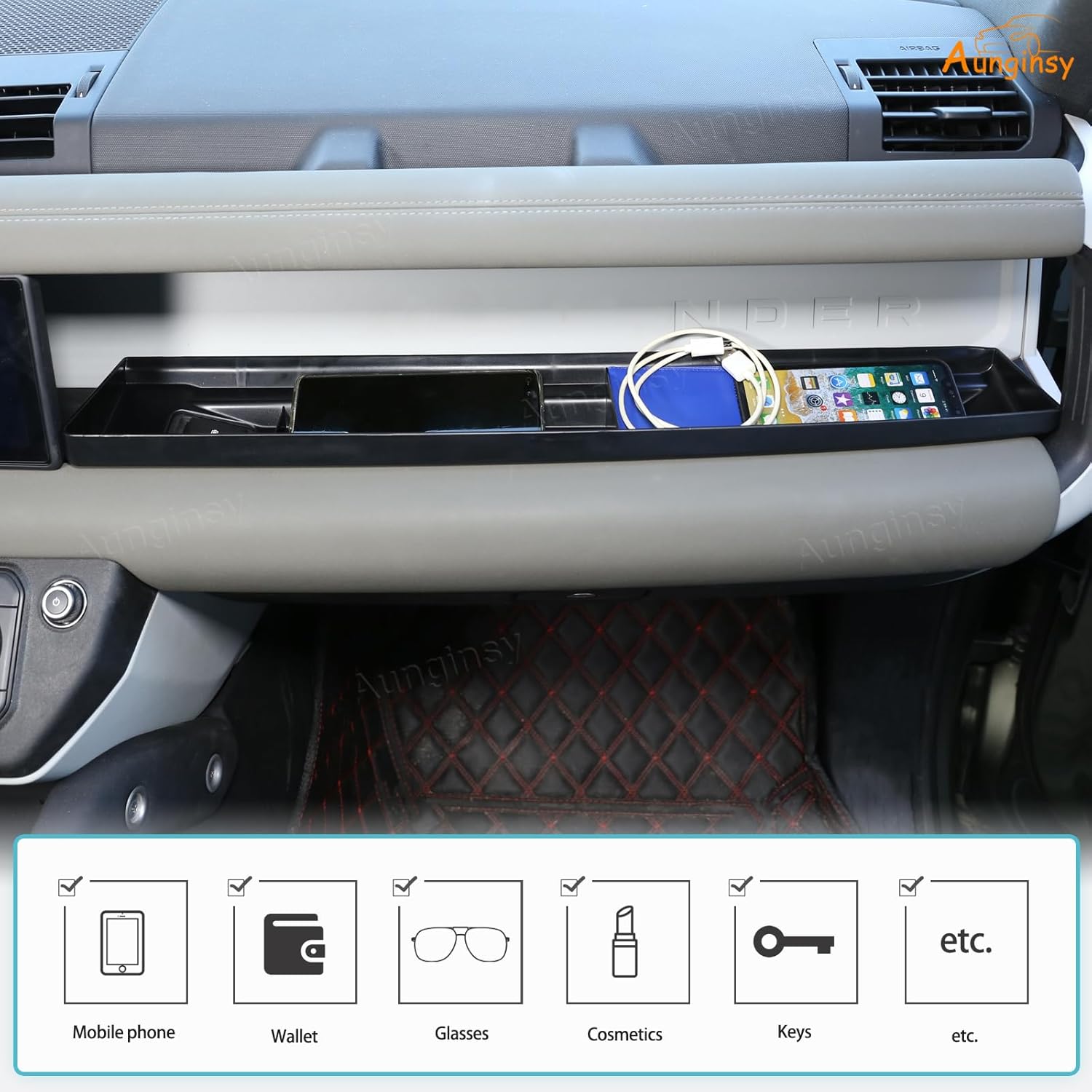 Aunginsy Co-Pilot Dashboard Organizer Tray Compatible with Land Rover Defender 90/110/130 2020-2024 Car Center Console Passenger Side Panel Divider Storage Box Container Insert Groove ABS Accessories