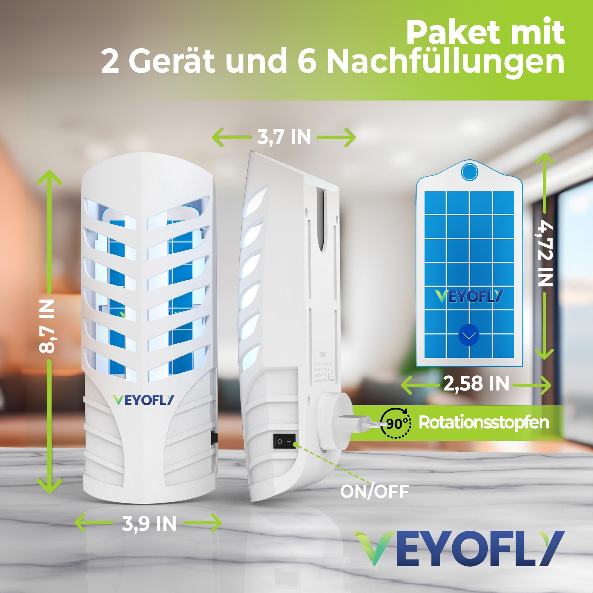 VEYOFLY Fliegenfalle UV, Fruchtfliegenfalle, 2 Geräte + 4 Nachfüllungen | UV-Licht lockt Insekten auf Wechsel-Klebekarten, leise 24/7, Stecker, Innenbereich, ohne Insektenvernichter Elektrisch