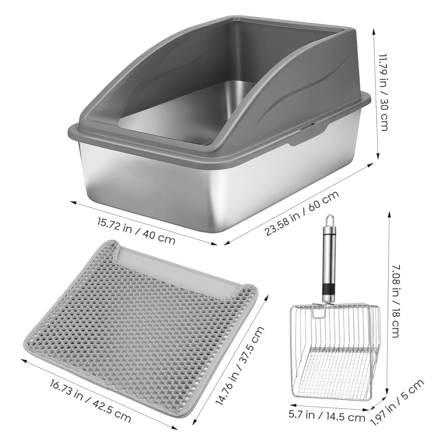 Kisangel 1set High-Sided Stainless Steel Cat Litter Box Scoop and Mat Large Washable Kitten Toilet for Easy Access and Privacy Design for Indoor Cats