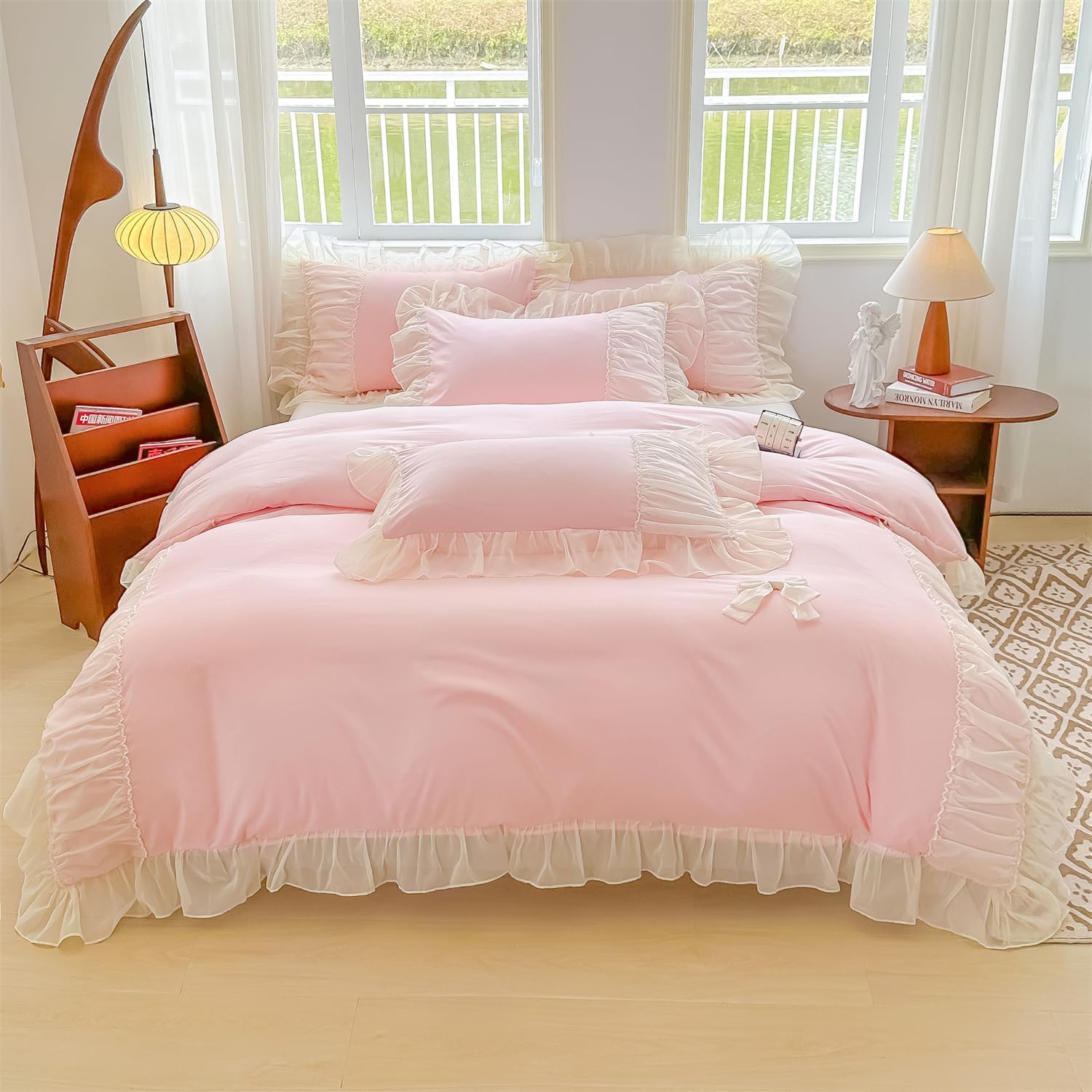 MOOWOO Chic Lace Bedding with Lovely Bow-Romantic Ruffle Duvet Cover Set, 2 Piece Comforter Duvet Cover with Zipper Closure, French Princess Style,Coquette Room Decor-Pink,Twin Size
