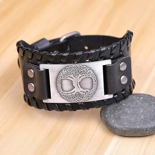 Miniatura 6 de Gungneer Pulsera de cuero negro vikingo nórdico con pata de oso Fenrir Lobo árbol de la vida Yggdrasil Valknut