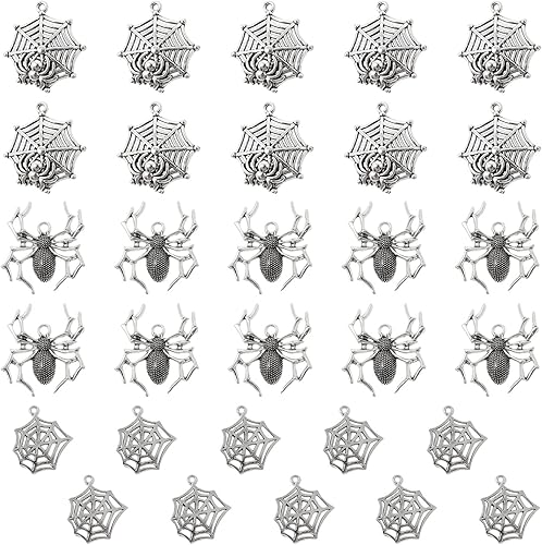 Honbay 30 dijes de aleación de araña y telaraña, de plata antigua, con temática de Halloween, para manualidades, aretes, collares, pulseras,