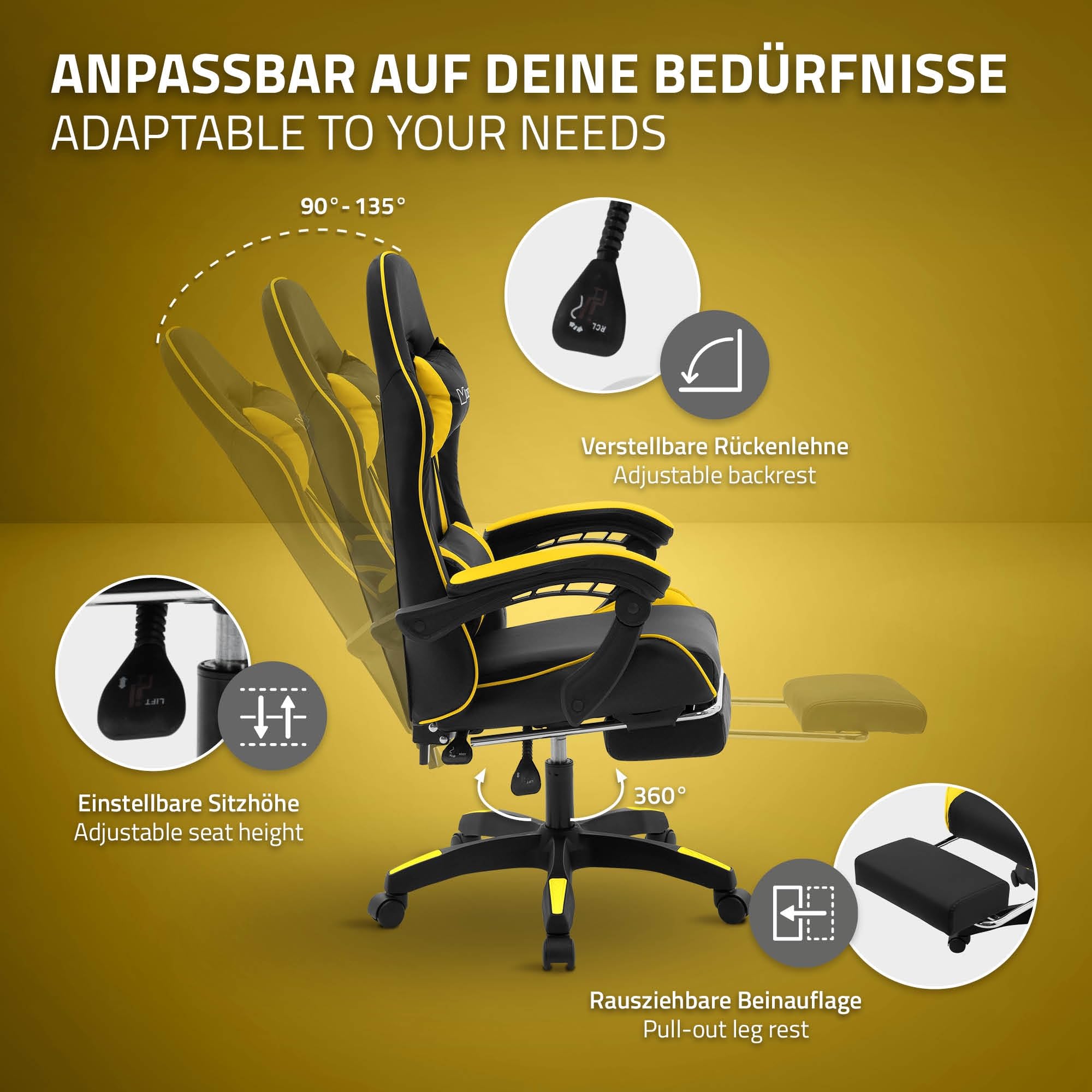ML-Design Sedia da Gaming Ergonomica in Similpelle Giallo, Poggiapiedi, Braccioli, Poggiatesta, Cuscino Lombare, Stile Racing, Poltrona da Gioco Girevole e Regolabile, Ideale per Scrivania o Ufficio