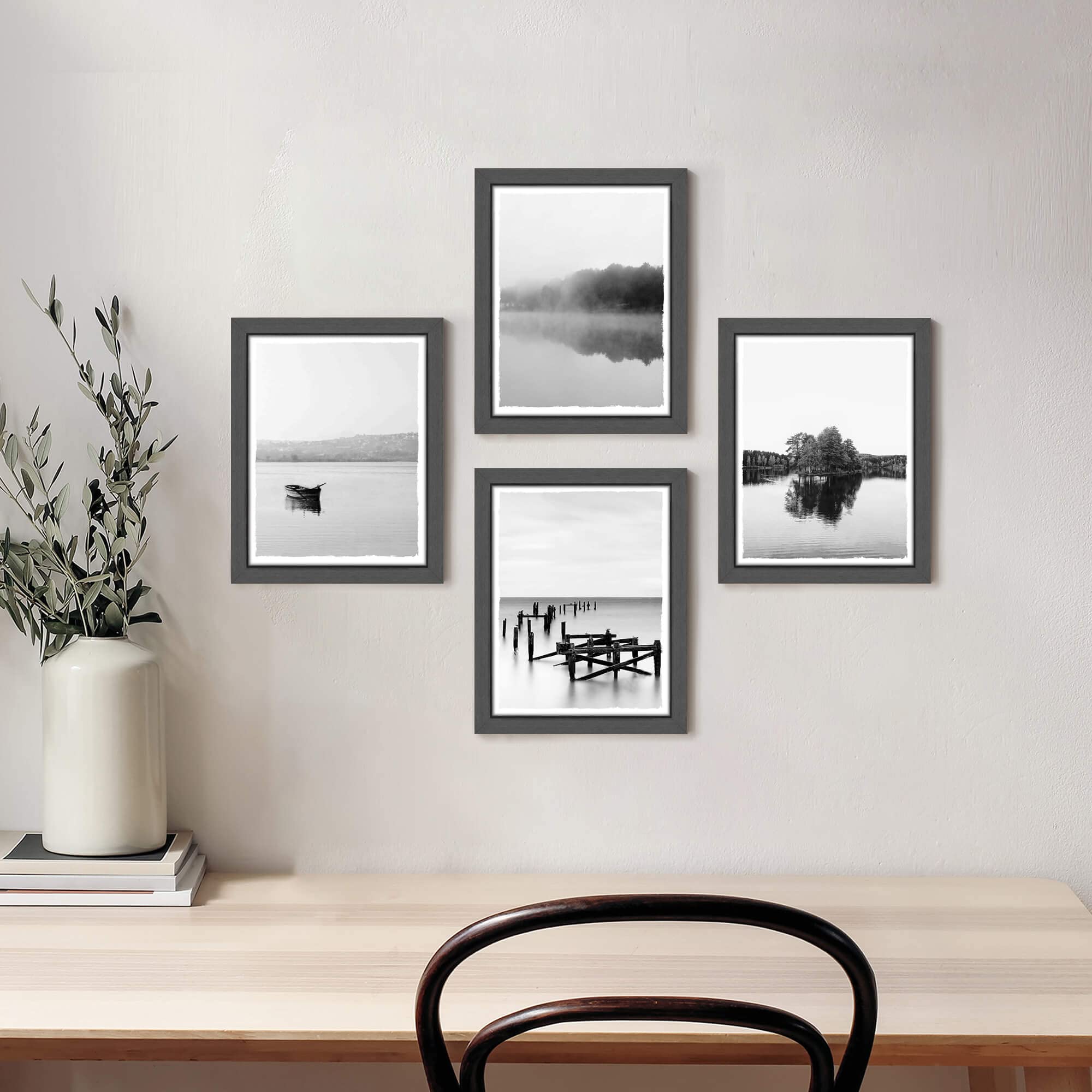 Lake Scene Wall Art Decor: Bedroom Bathroom Modern Framed Nature Landscape Picture 4 Piece Living Room Black Forest Tree Print Small Vertical Home Rustic Boat Scenery Painting Artwork