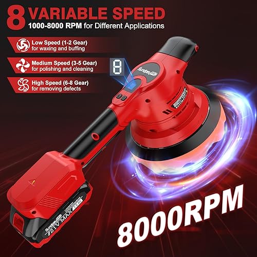 Miniatura 5 de Pulidora inalámbrica sin escobillas para automóvil, pulidora orbital aleatoria de 6 pulgadas con 8000 rpm, 8 velocidades variables, 2 baterías,