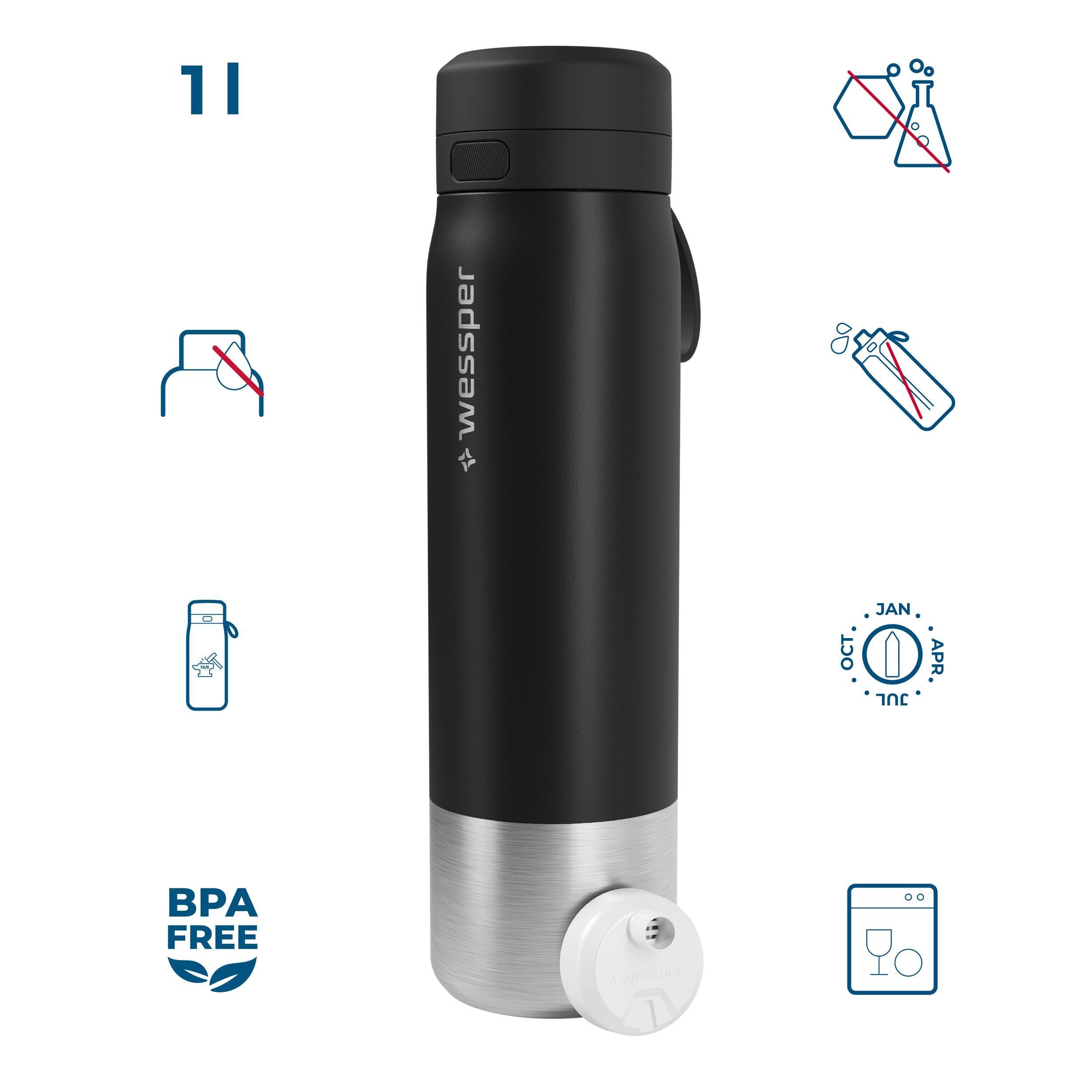 Stalowa butelka na wodę Wessper z filtrem wodnym 1000 ml, bez BPA, butelka termiczna z filtrem wodnym, butelka na napoje idealna do uprawiania sportu, jazdy na rowerze, fitnessu- Czarny