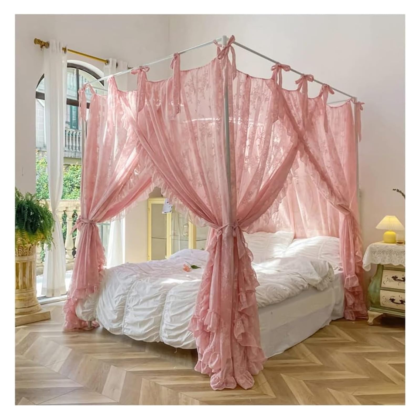 LGTDF35 DETPWVWB Romantic Lace Bed Canopy Mosquito Net for Princess Room - 4 Corner Post Bed Curtains with Metal Brackets(Pink,180X220cm/71X87in)(Pink,200X220cm/79X87in)