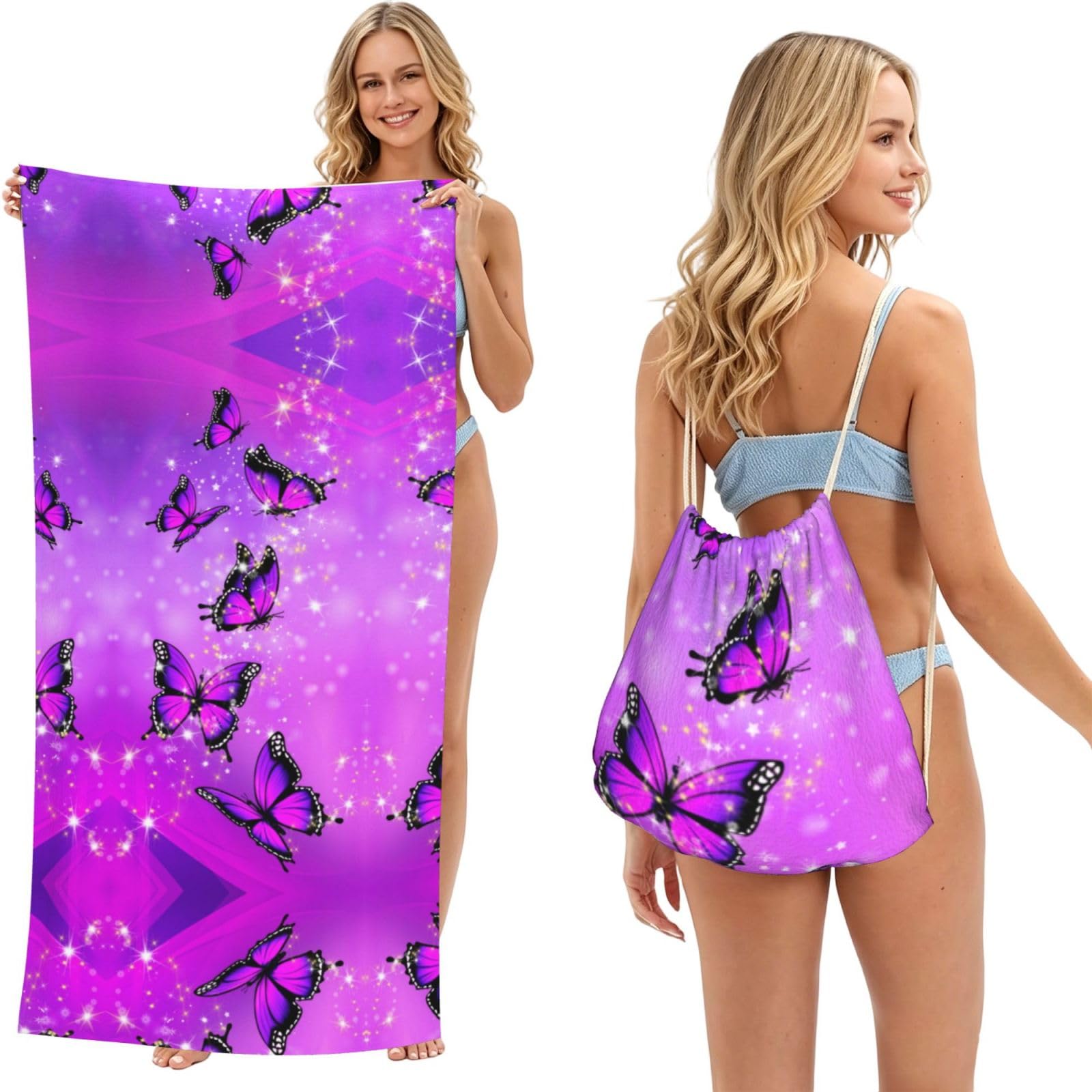 ESNAIUVCD Butterfly Print Beach Towel For Adults,Towel With Drawstring Bag, Travel Pool Swimming Sports Shower Sand Free Quick Dry Bath Towel For Pool, Beach, Yoga- 180x60cm