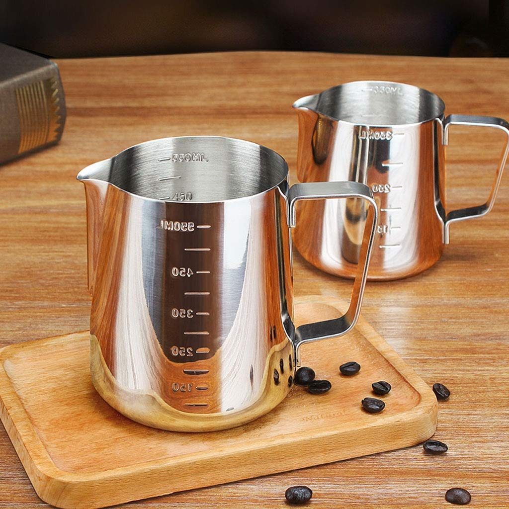Jarra de Leche Grande de Acero Inoxidable, jarro de café portátil, Jarra de Espuma de Leche, Jarra de Leche a Escala y bolígrafo artístico Latte, Salsa,350ml