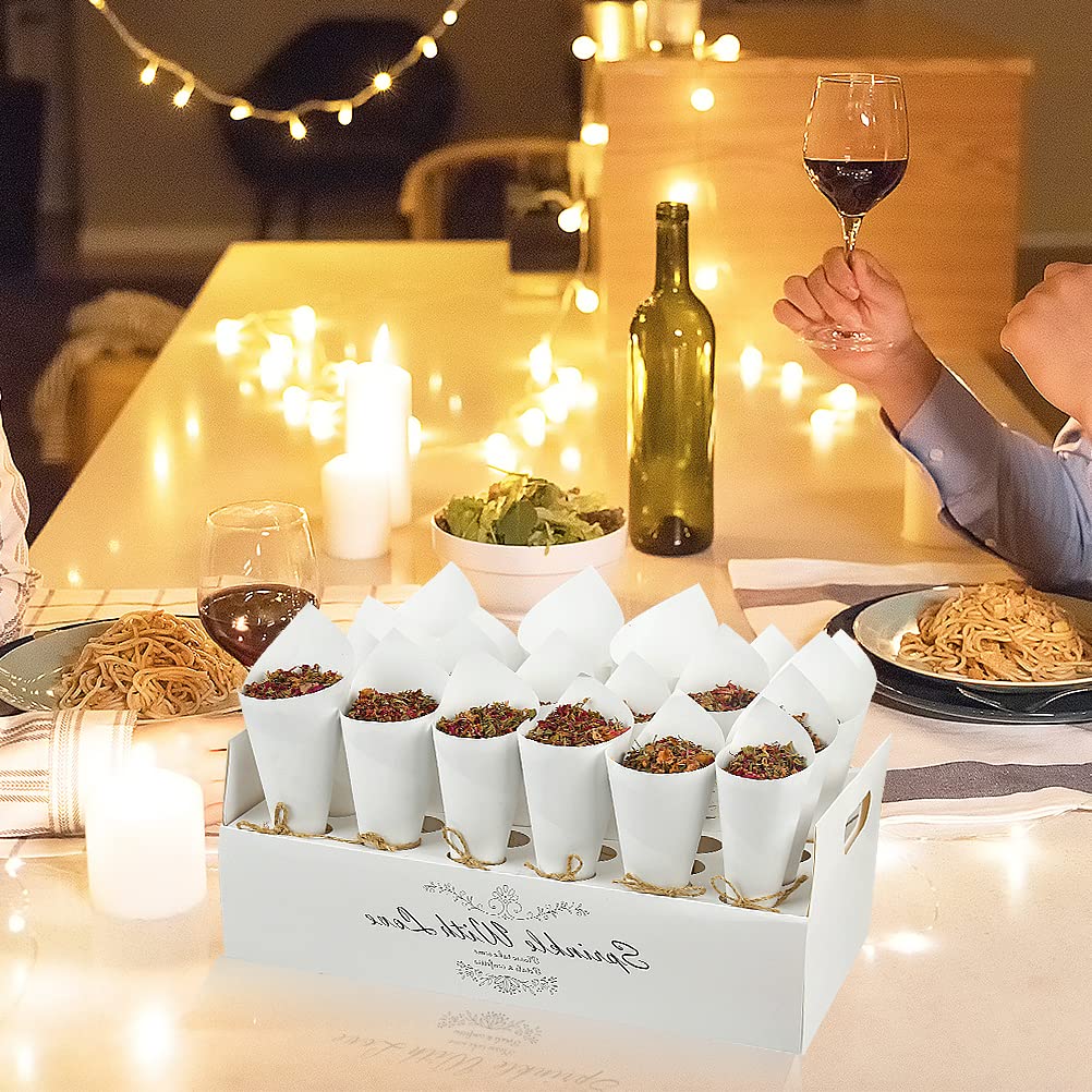 30 Cônes Confettis Mariage Blanc + 150g Pétales Roses Séchées Biodégradables - Kit Complet Avec Support, Autocollants, Ficelle