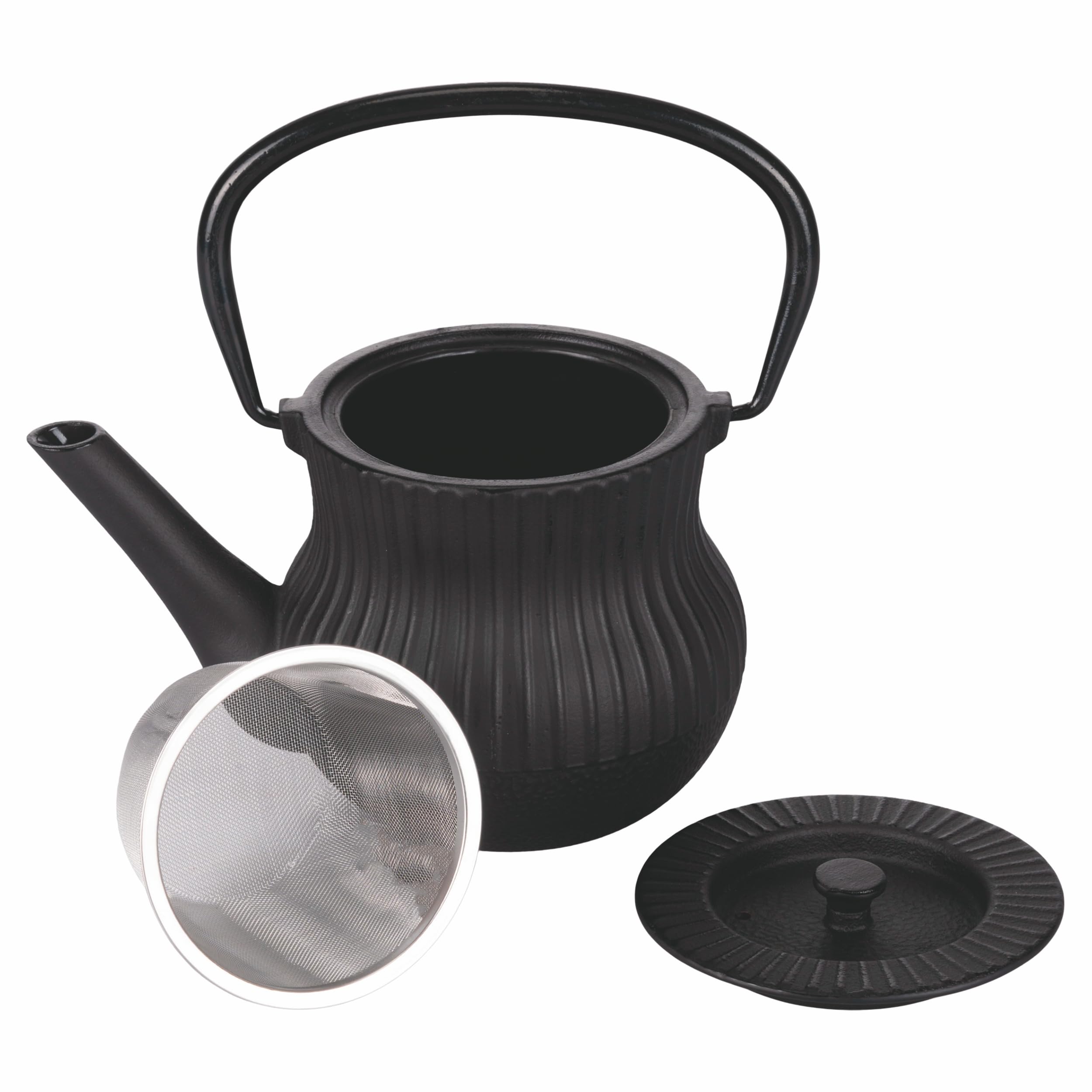 Tetera de hierro fundido con asa plegable, filtro de acero inoxidable, color negro
