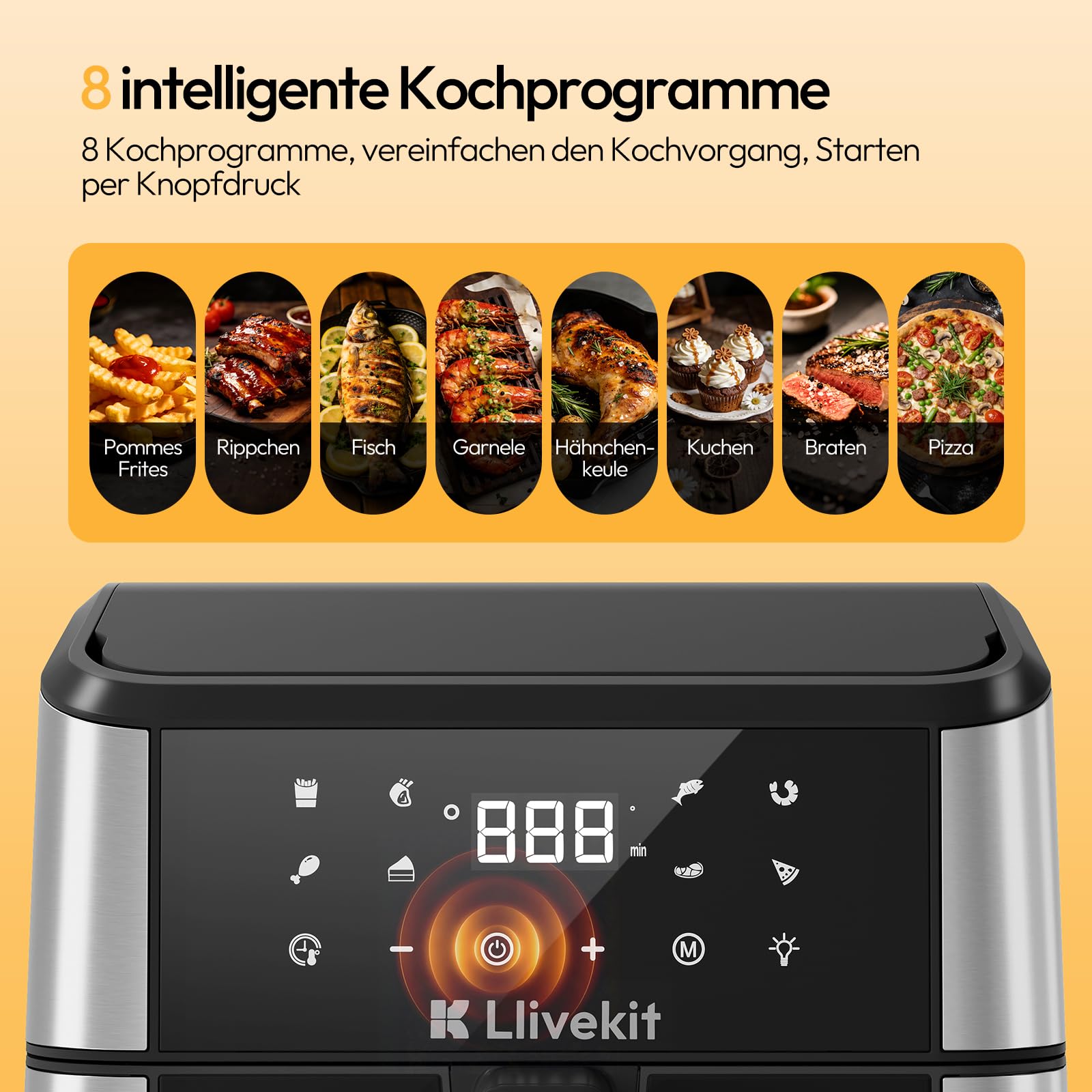 LLIVEKIT 8,5L Dual Blaze Heißluftfritteuse XXL Doppelheizquelle(Oben+Unten) | Airfryer mit 360° Heißluftzirkulation, 95% weniger Fett, Sichtfenster mit Innenbeleuchtung, 8 voreingestellte Programme