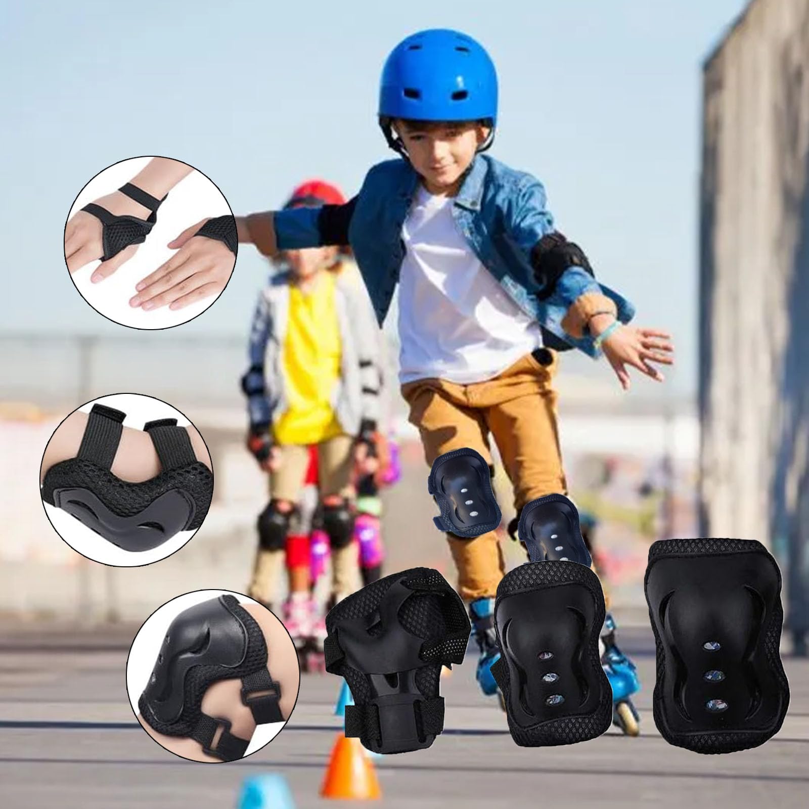 Protezione Kit per bambino, Protezioni Set Skate e Bicicletta Adatto dai 3 ai 12 Anni, per Skate, Bicicletta, Sci e Pattinaggio (Nero)
