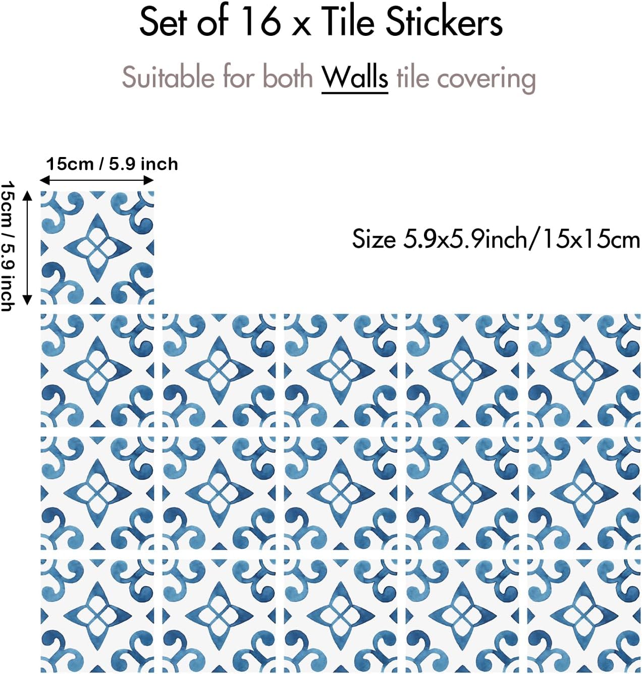 16 Pack, 5.9 Inch Watercolor Tile Decals, Artisan Blue and White Peel and Stick Vinyl for Backsplash, Stairs & Furniture