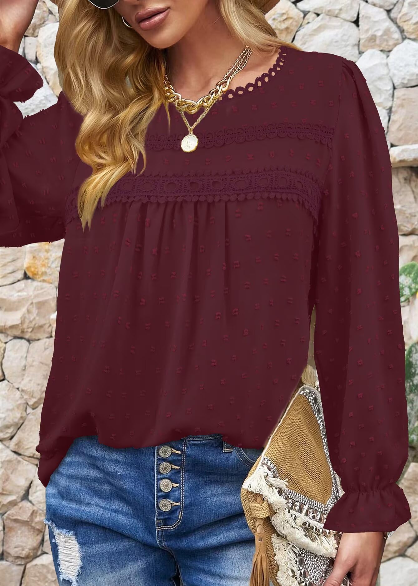 Top Damen Boho Bluse Langarmshirt Oberteile Elegant Rundhals T-Shirt