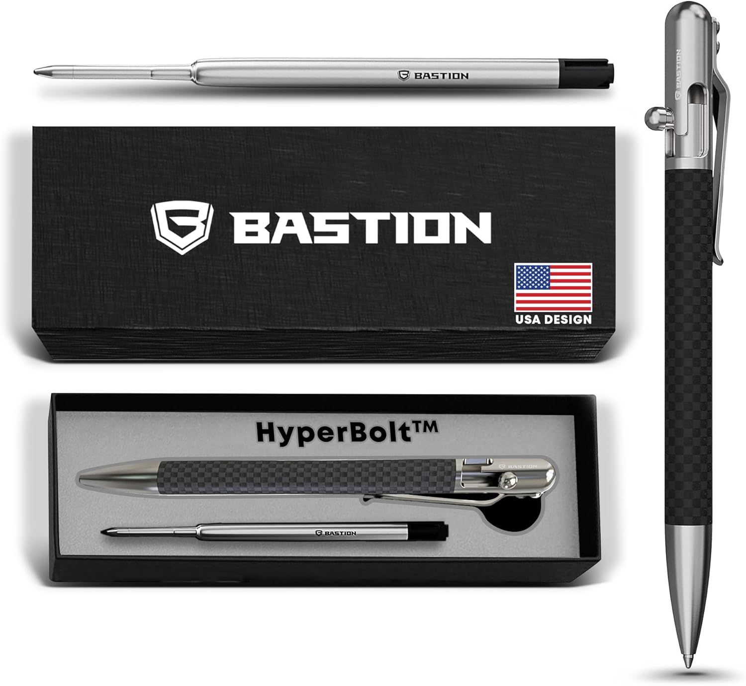 BASTION Luxury Slim Bolt Action Pen, EDC Pen with Fine Tip, Professional Ballpoint Pen for School and Work - Carbon Fiber-Stainless Steel