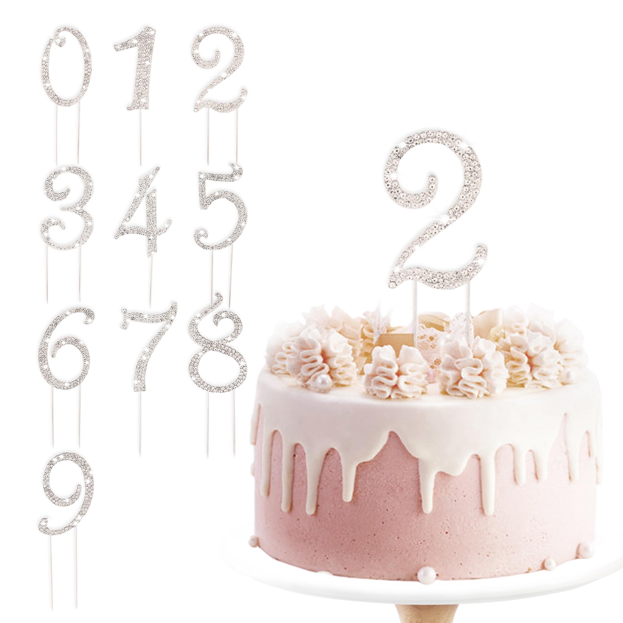 BEIDHIA Number Cake Topper 0-9,Silver Bling Rhinestone Happy Birthday Cake Topper for 2nd 12th 21st 30th 40th 60th 70th Birthday Party Anniversary