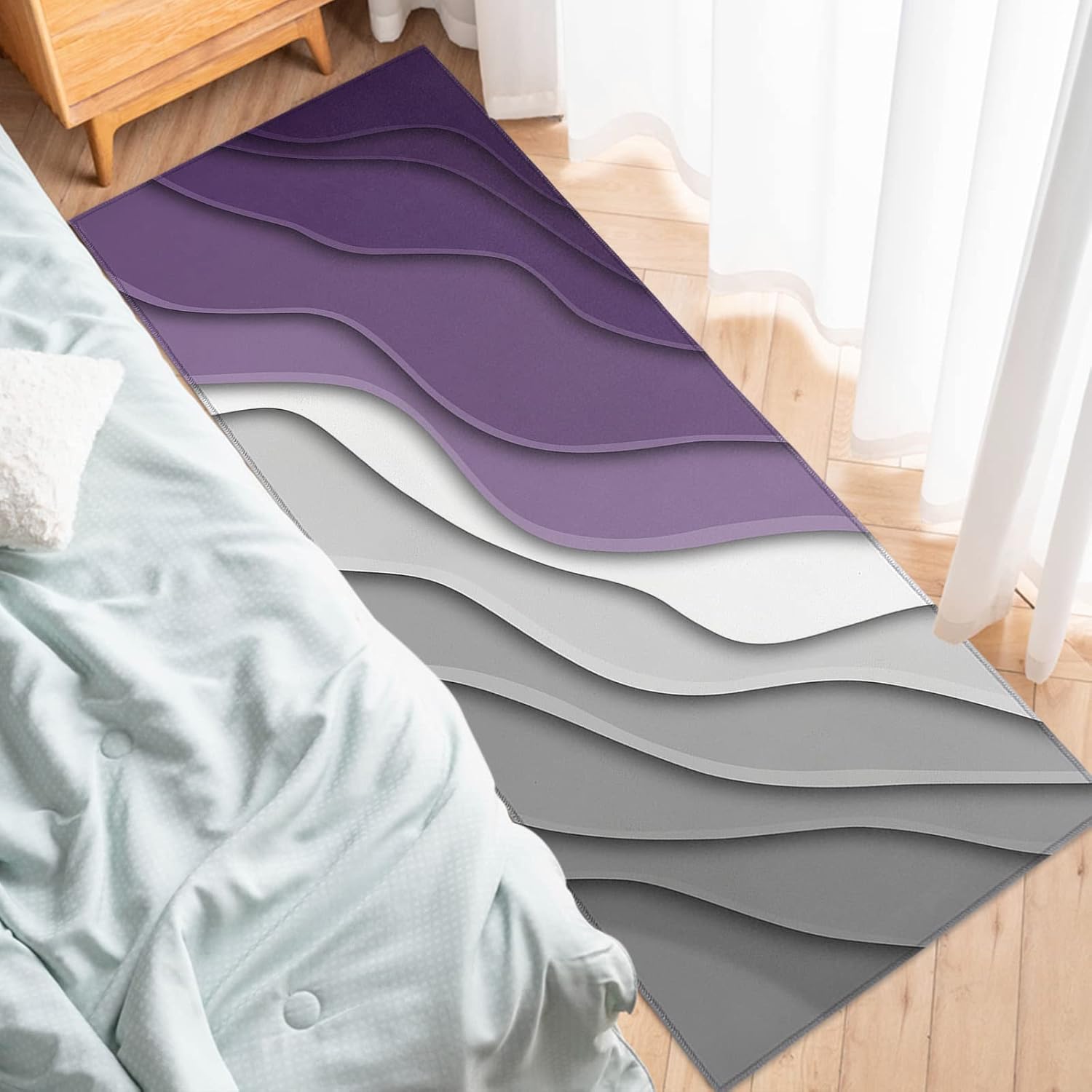 Kitchen Runner Rug, Purple Grey White Wave Stripes Non Slip Runner Carpet Door Mats Floor Mat for Laundry Bedside Bathroom Bedroom Set of 2 Abstract Geometric Lines