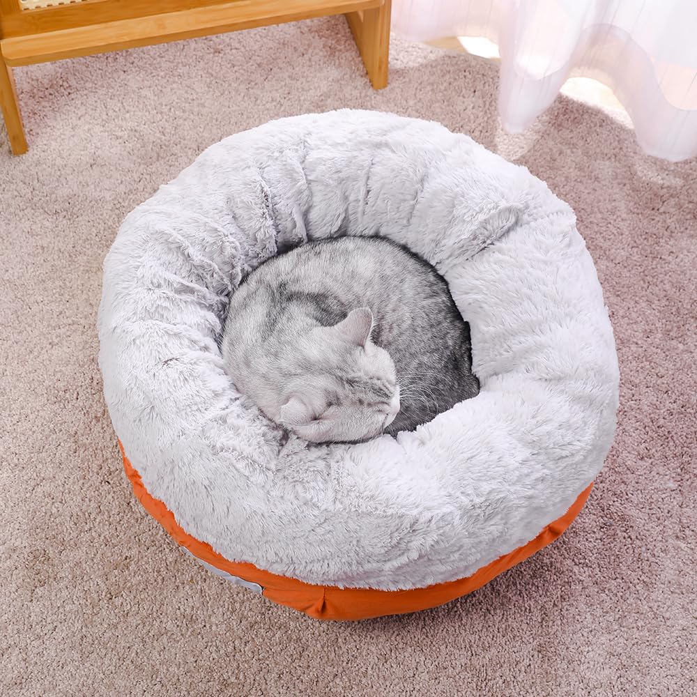 XINSOURCE Cozy Round Pet Bed, Cats Bed, Dogs Bed. Super Soft Plush Interior for Ultimate Comfort. High Walls Provide Extra Support. Non-Slip. Machine Washable.(Gery+Orange, Medium)