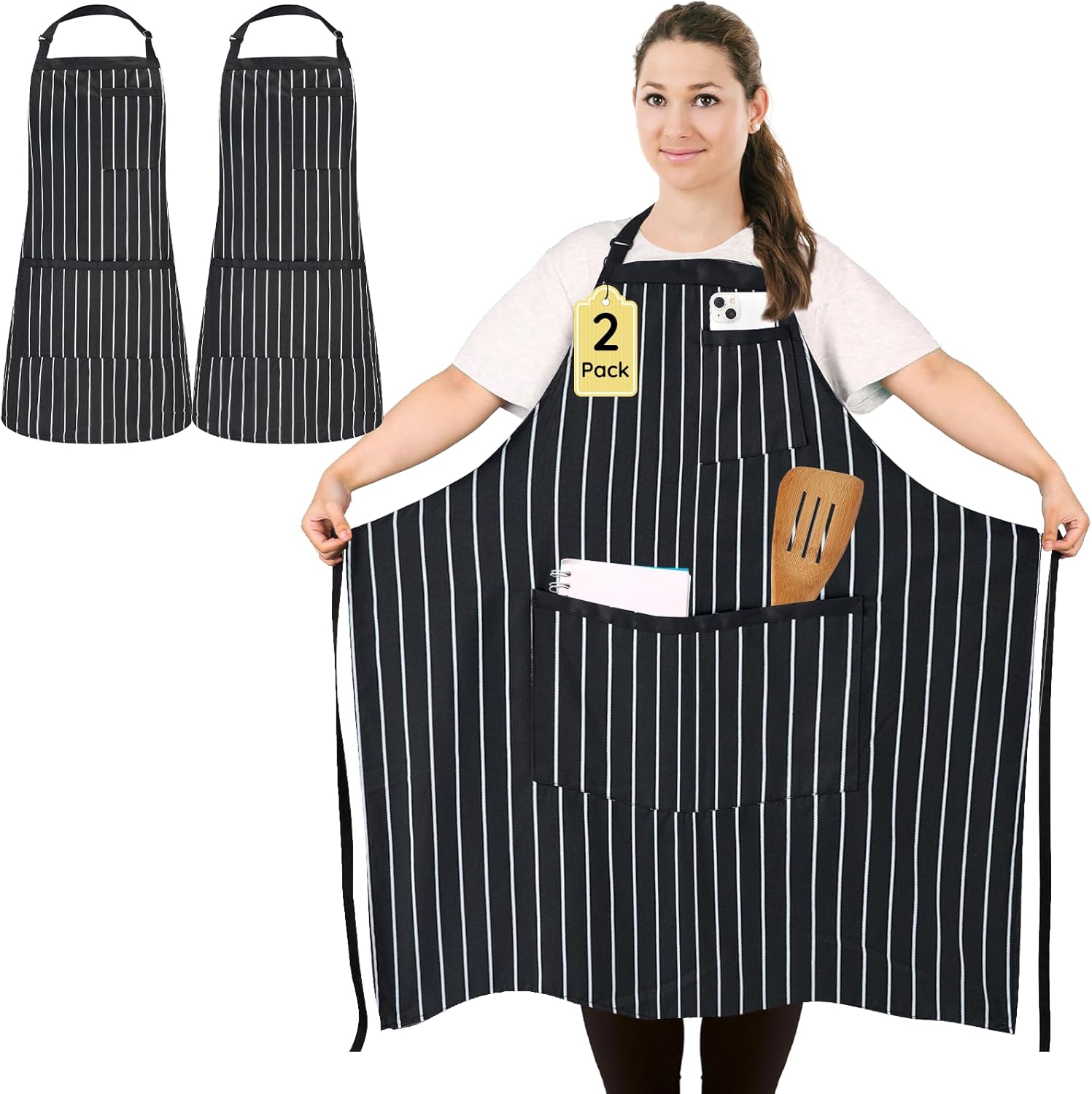 FunChaos 2 Pack Plus Size Stripe Kitchen Apron, Unisex Professional Large Chef Apron with 3 Pockets for Cooking, Work, Baking
