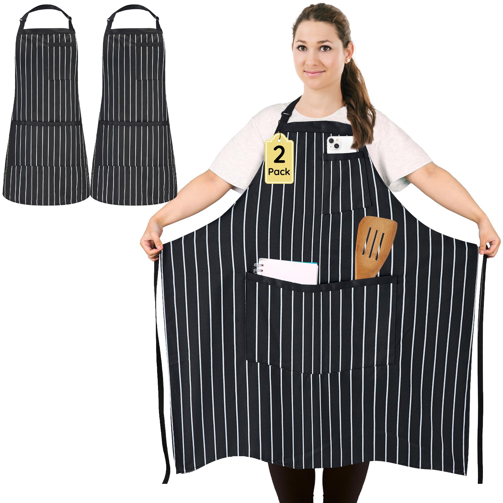 FunChaos 2 Pack Plus Size Stripe Kitchen Apron, Unisex Professional Large Chef Apron with 3 Pockets for Cooking, Work, Baking