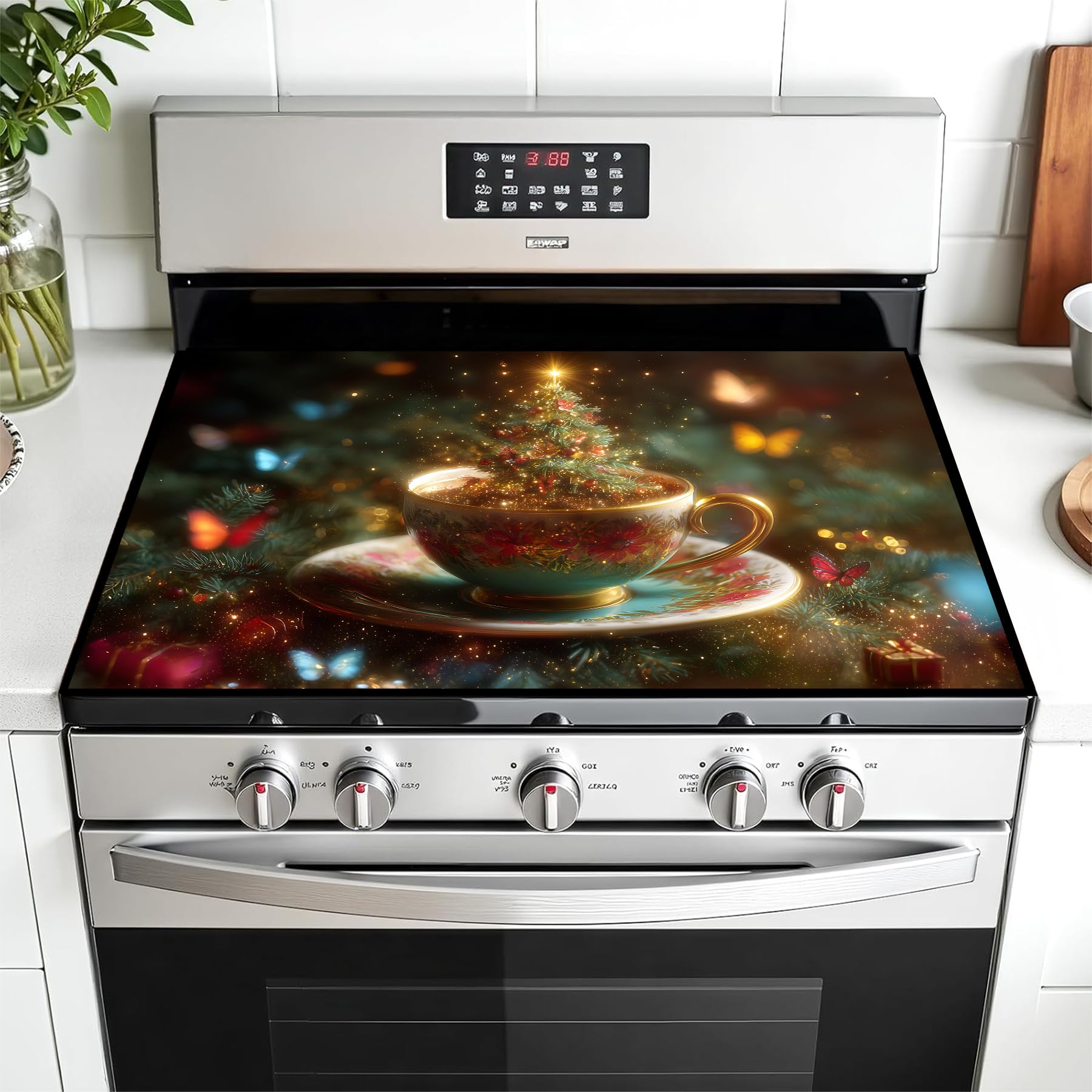 Christmas Multi-Design Stove Cover for Glass/Electric Stoves - 3-in-1 Heat-Resistant Protector Mat, Non-Slip Drying Rack 28"x20"