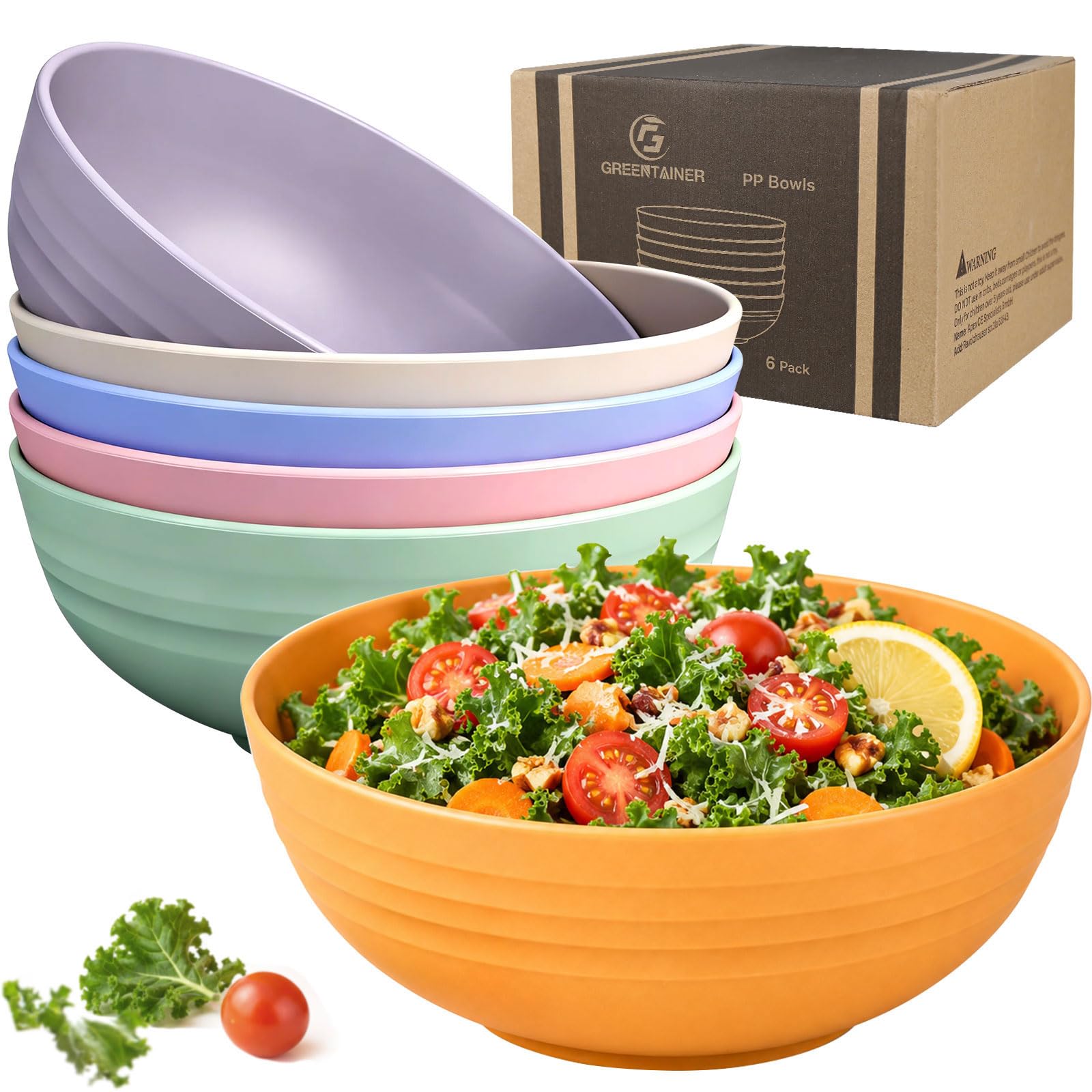 Greentainer Unbreakable Large Cereal Bowls - 2.25L Plastic Lightweight Salad, Soup, Fruit Bowl Set for Kitchen Storage Organizer, Dishwasher & Microwave Safe, 6 Pcs(Blush)