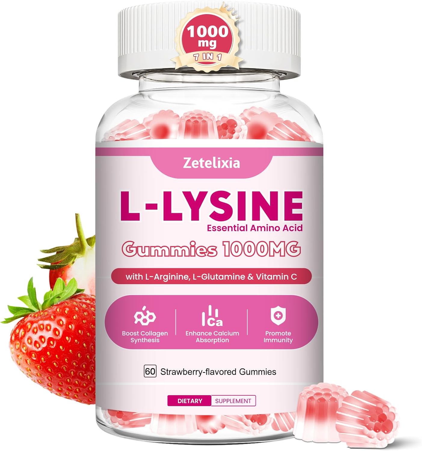 2 Pack L-Lysine Gummies 1000mg, Lysine Gummies Supplement for Adults & Kids, Essential Amino Acid with L-Arginine, L-Glutamine for Lip & Skin, Immune, Calcium Absorption, Strawberry Flavor, 120Ct