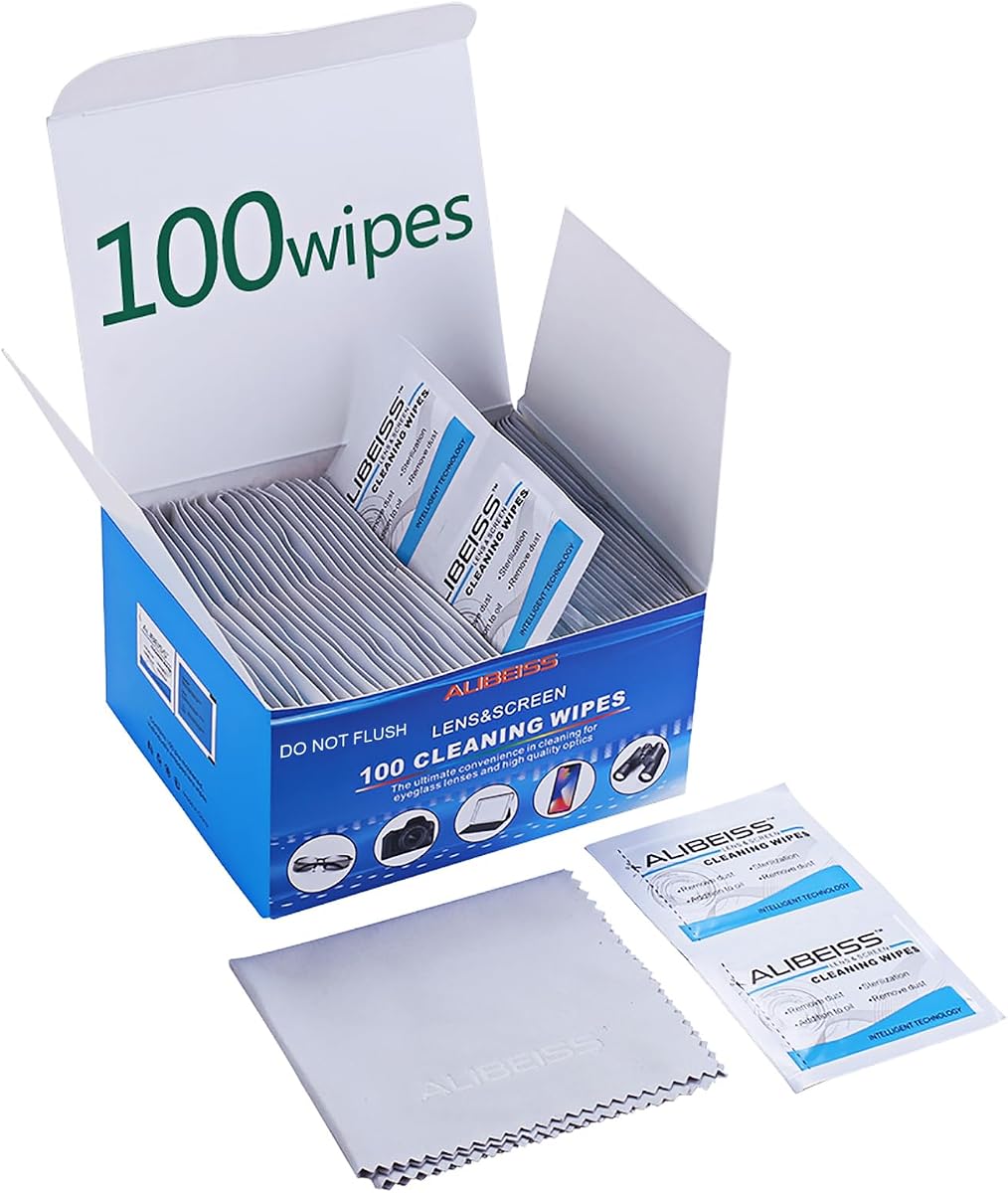 Toallitas para lentes prehumedecidas ALIBEISS Toallitas para pantalla para gafas, cámaras, tabletas, teléfonos inteligentes, pantallas y otras superficies delicadas, paquete de 100