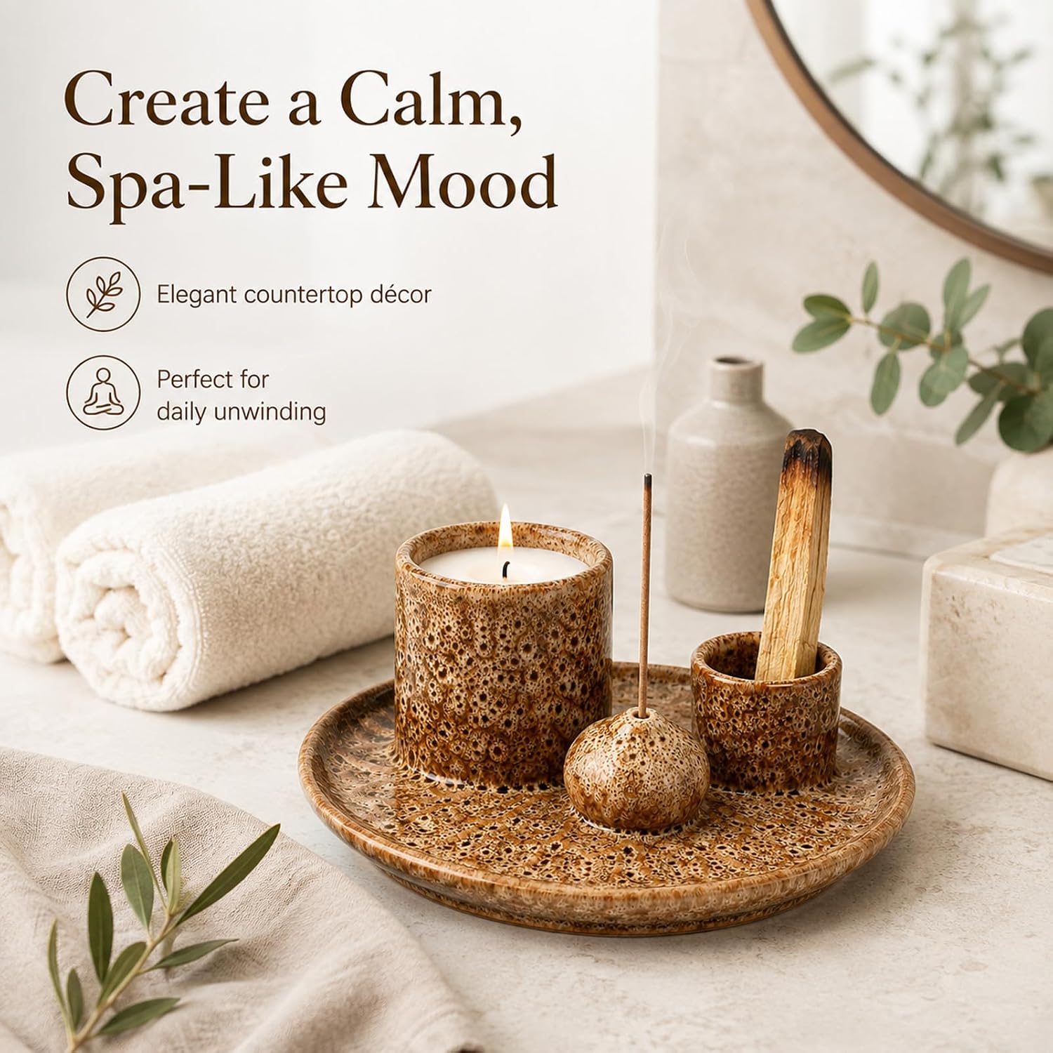 4-in-1 Ceramic Incense Burner Holder, Palo Santo Sticks Holder, Compatible with Sage, Palo Santo, Multi-use Incense Candle Holder for Home, Office, Yoga